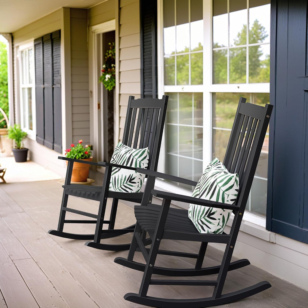 Flamaker Outdoor Rocking Chair Oversized Wooden Patio Chairs with Widened Armrest High Back Porch Rocker for Lawn, Garden, Backyard, Fire Pit (Black)