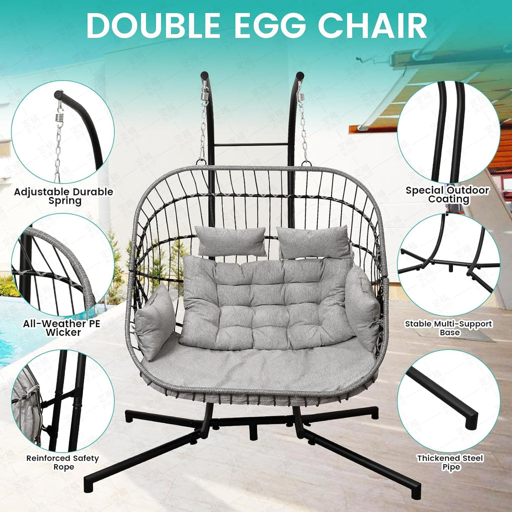 Double Egg Swing Chair with Stand Patio Rattan Wicker Hammock Chairs Outdoor Indoor Egg Swing Chair with Cushion Headrest 550 Lbs Capacity for Bedroom Balcony Garden Porch Backyard, Grey