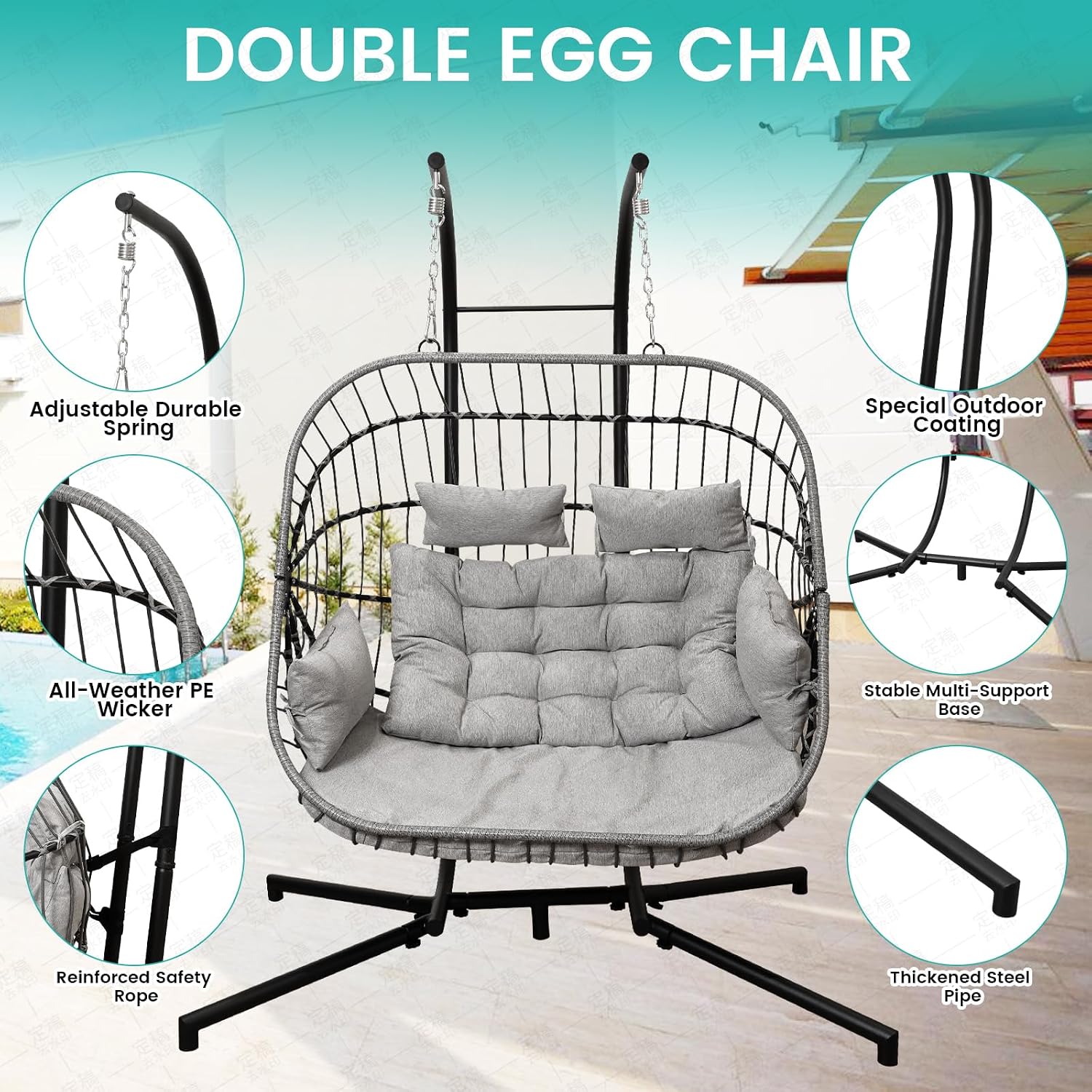 Double Egg Swing Chair with Stand Patio Rattan Wicker Hammock Chairs Outdoor Indoor Egg Swing Chair with Cushion Headrest 550 Lbs Capacity for Bedroom Balcony Garden Porch Backyard, Grey