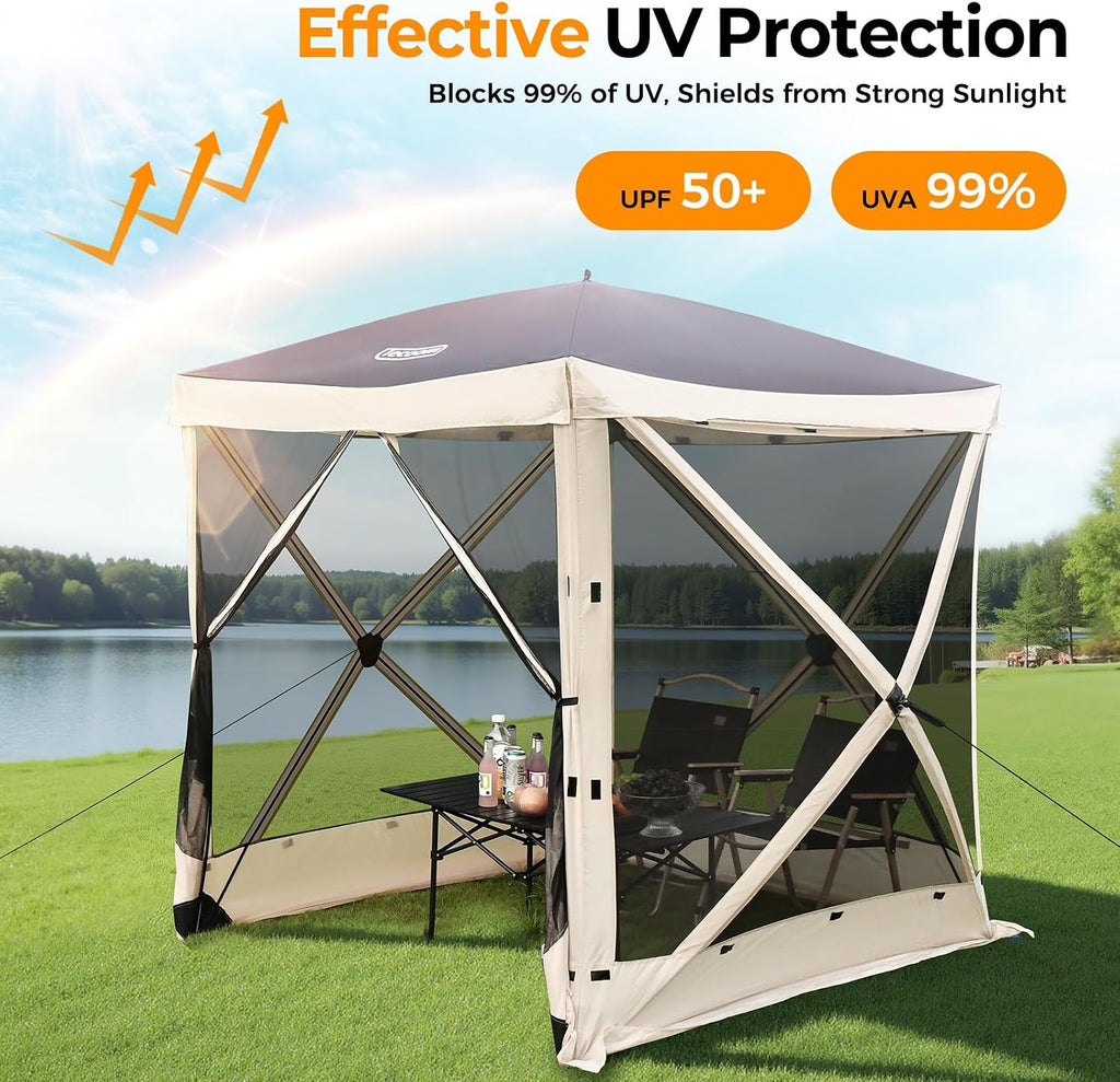 Tecoom 6x6ft Pop Up Gazebo Tent, 4-Sided Canopy Shelter Tent with Mesh Windows for Camping, Portable Large Shade Tents with Siedwalls, Carrying Bag and Stakes for Outdoor, Garden, Lawn, and Backyard