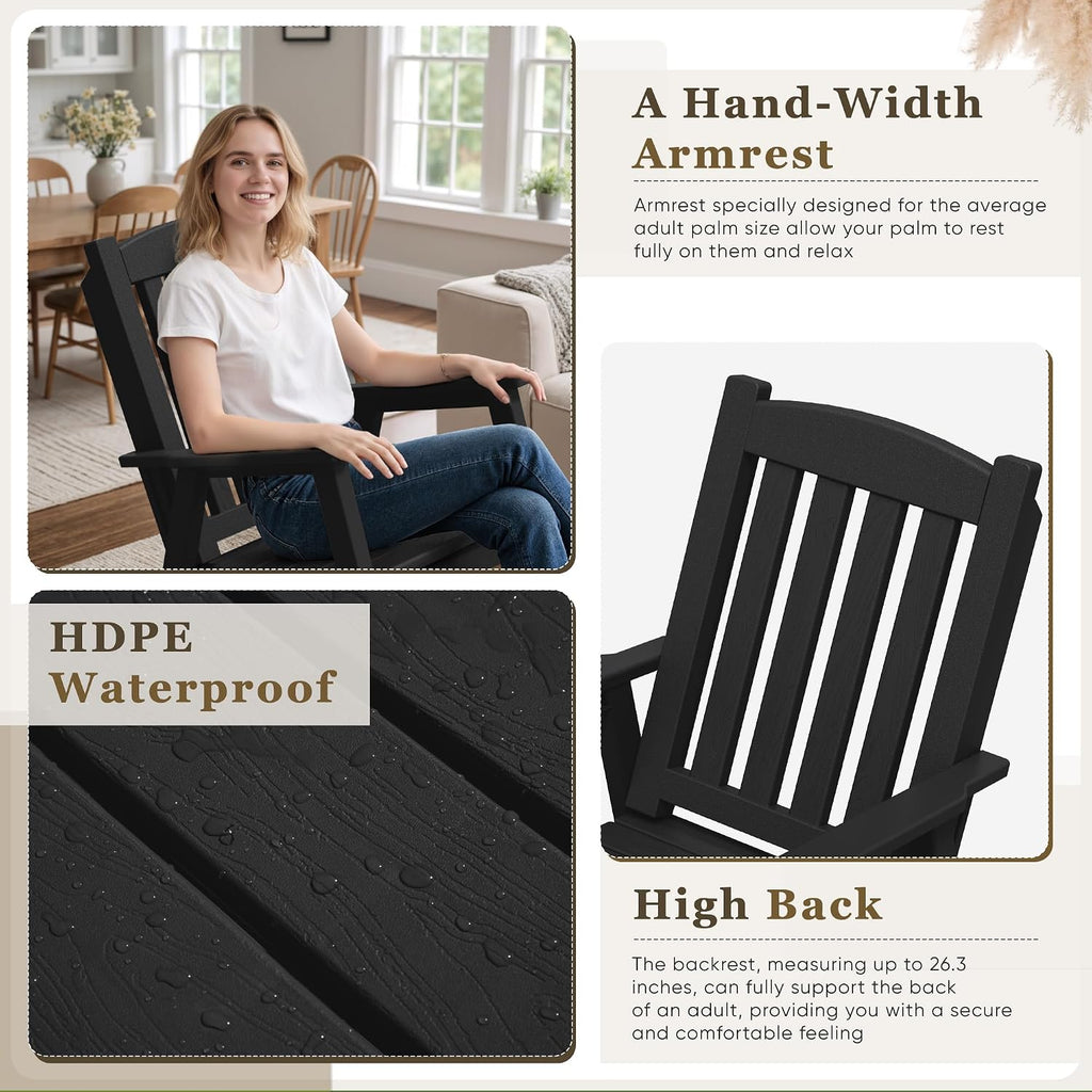 Greesum Set of 2 Outdoor Rocking Chair, 300lbs All-Weather Patio Rocker, Rust-Proof & UV-Resistant, Comfortable Smooth Glide for Deck, Porch, Lawn, or Garden, Black