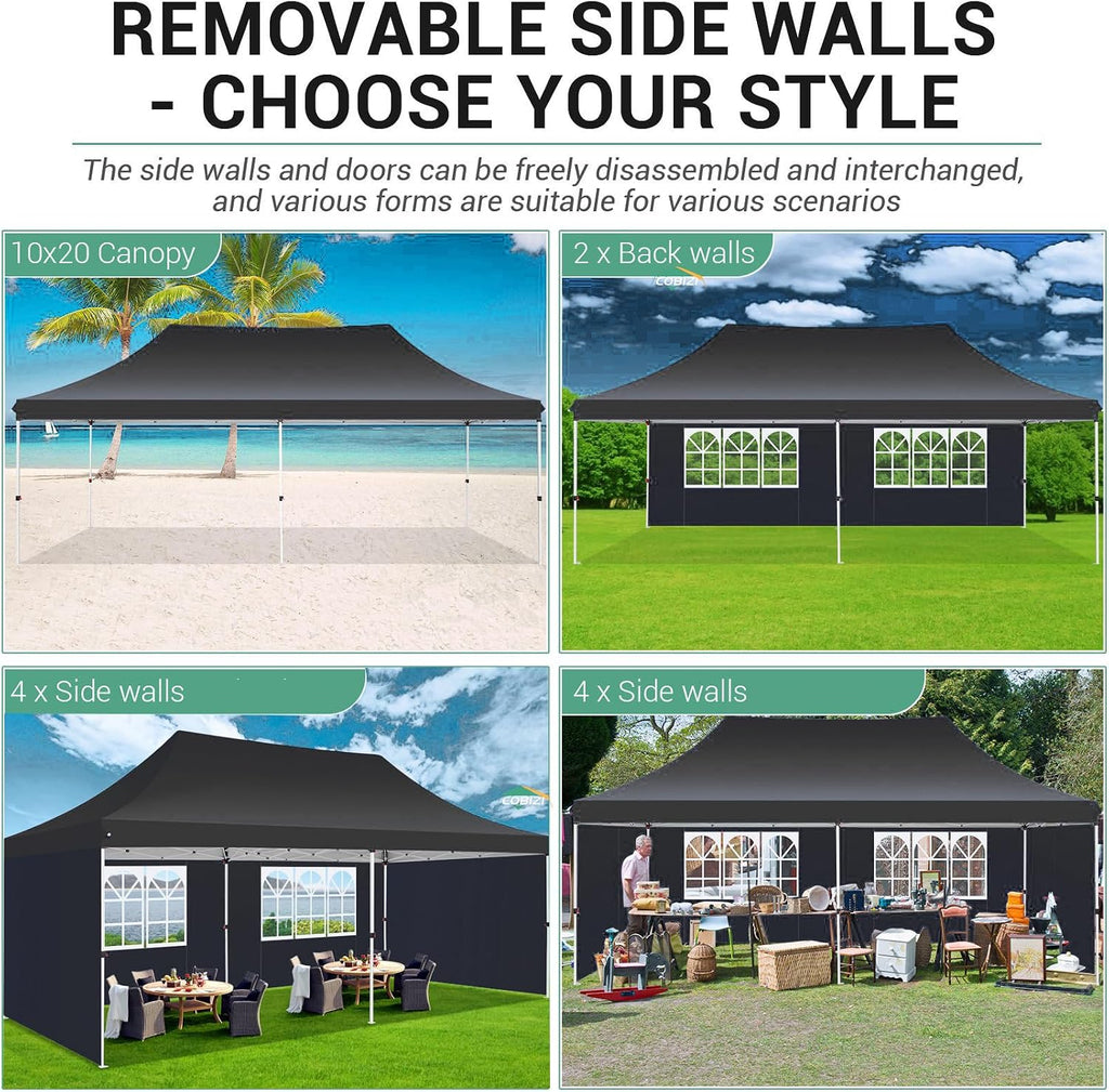 COBIZI 10x20ft Pop Up Canopy Tent with 6 Removable Sidewalls, Easy Up Commercial Canopy, Waterproof and UV50+ Gazebo with Portable Bag, Adjustable Leg Heights,Party Tents for Parties, with 4 Sandbags