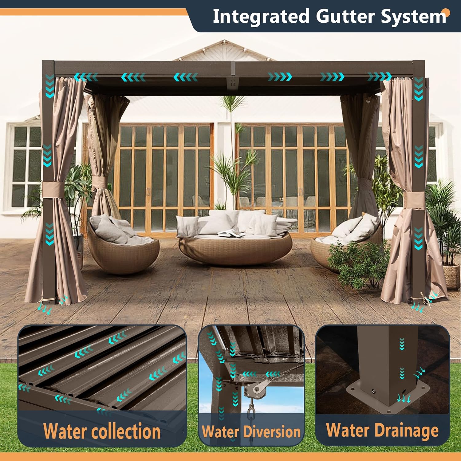 Domi 10x12FT Outdoor Louvered Pergola Full Aluminum Structure,Patio Pergola with Two Independently Adjustable Roof for Backyard, Sun Shade Gzebo with Gutter System for Garden Deck(Dark Brown)