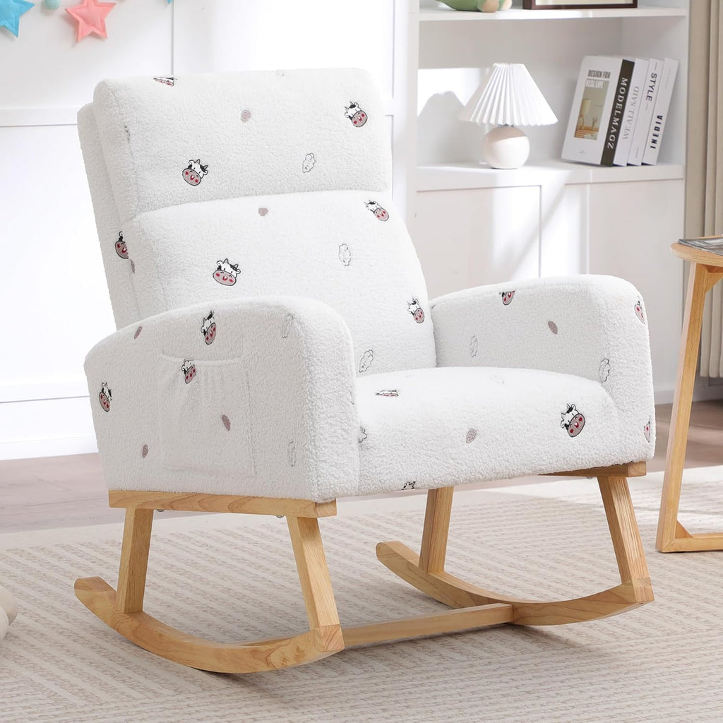 HCHAIRH Rocking Chair Nursery, Sherpa Nursing Rocking Chairs, Upholstered Nursery Glider Rocker for Mom Nursery Morden Rocking Chair with Side Pocket for Living Room,Bedroom,Teddy White Cow Printed