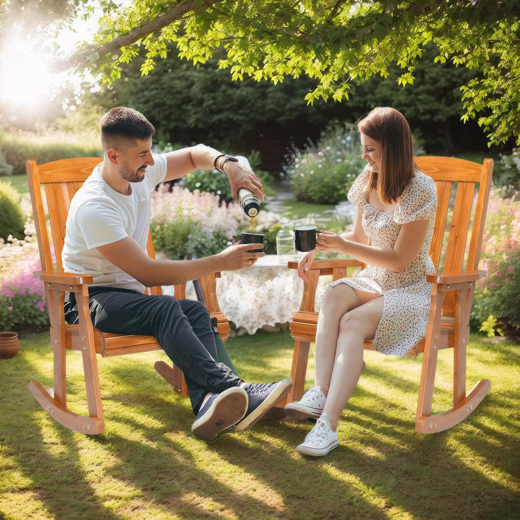 VINGLI Outdoor Rocking Chair, Heavy Duty 600 LBS Wooden Rocking Bench with Comfortable Backrest, Weatherproof Patio Rocker with Ergonomic Design, Wood Rocking Chair for Patio, Garden (Teak, 2 PCS)