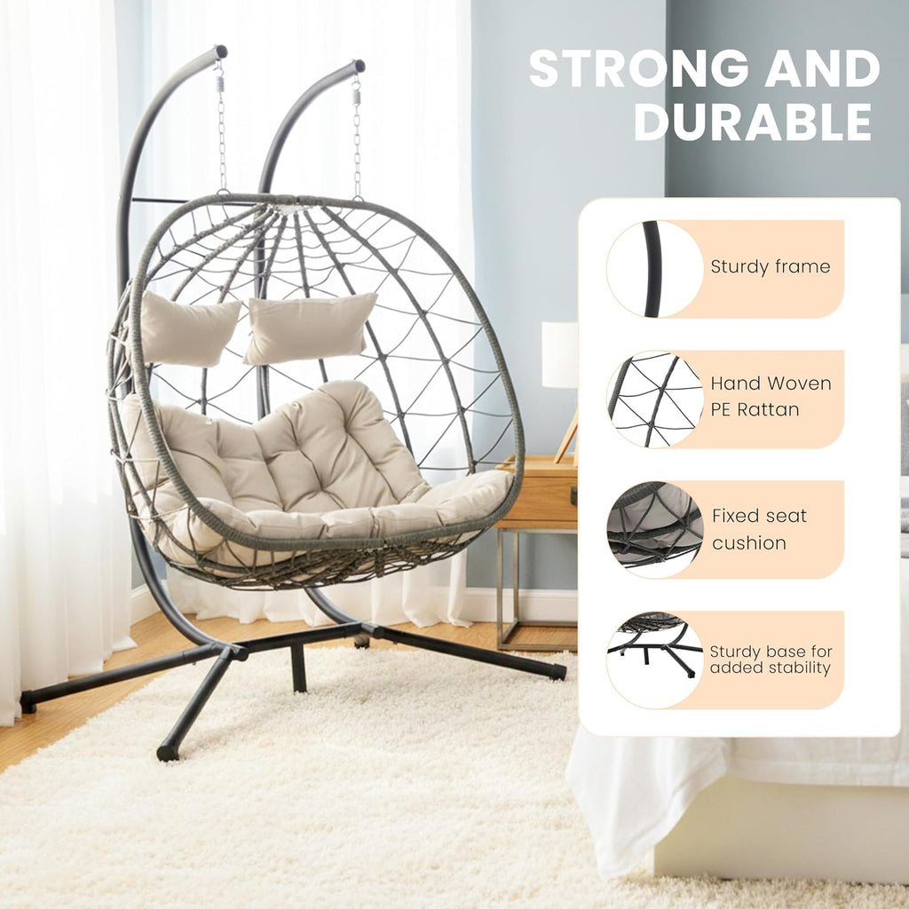 Double Egg Chair with Stand, Indoor Outdoor Loveseat Hammock Swing Chair,Wicker Chair with Foldable Basket & Thick UV-Resistant Cushions, 700 LBS Capacity for Patio, Bedroom, Garden,Beige