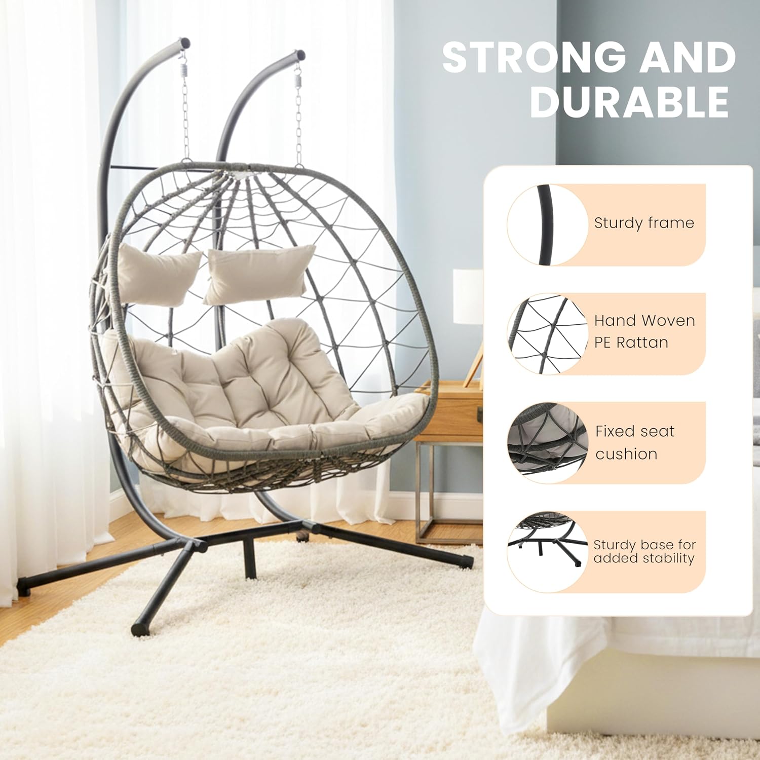 Double Egg Chair with Stand, Indoor Outdoor Loveseat Hammock Swing Chair,Wicker Chair with Foldable Basket & Thick UV-Resistant Cushions, 700 LBS Capacity for Patio, Bedroom, Garden,Beige