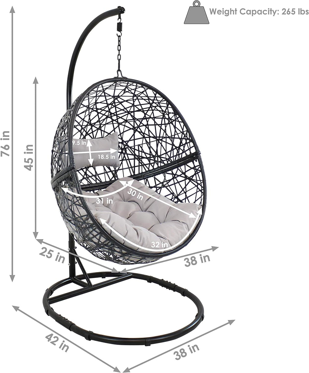 Sunnydaze Jackson Resin Wicker Hanging Egg Chair with Steel Stand - 265-Pound Weight Capacity - Includes Gray Cushions