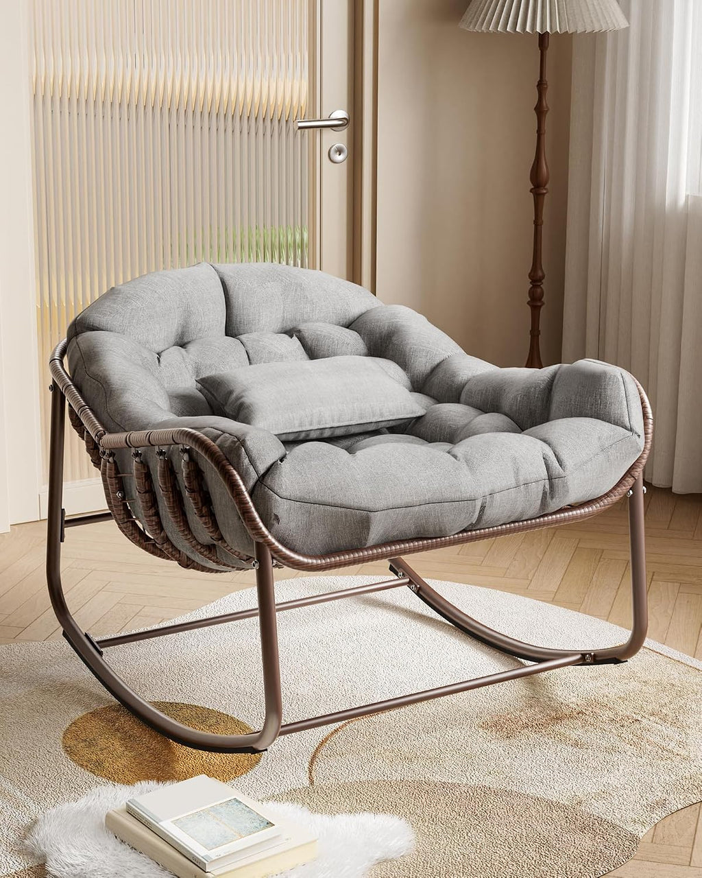 GarveeLife Outdoor Papasan Rocking Chair, Oversized Wicker Lounge Chair with Cushion and Metal Frame, Patio Rattan Egg Rocker for Balcony Backyard Porch Bedroom, Grey