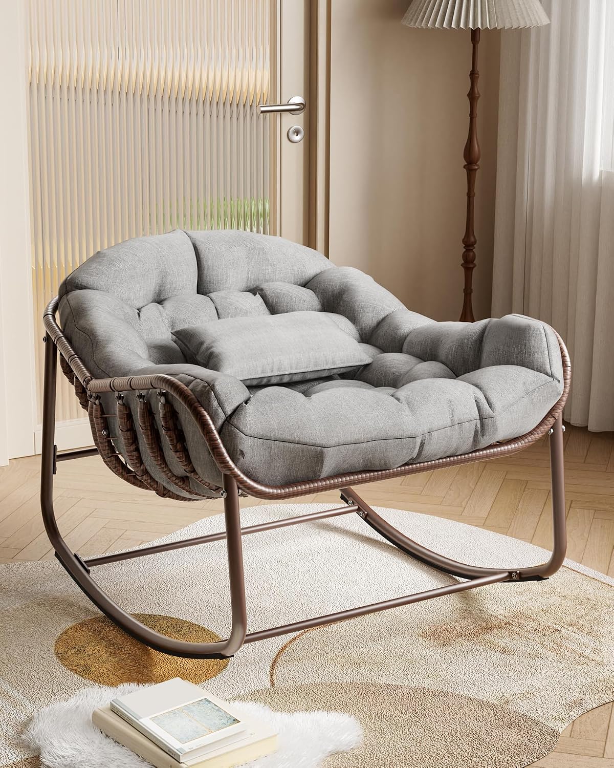 GarveeLife Outdoor Papasan Rocking Chair, Oversized Wicker Lounge Chair with Cushion and Metal Frame, Patio Rattan Egg Rocker for Balcony Backyard Porch Bedroom, Grey
