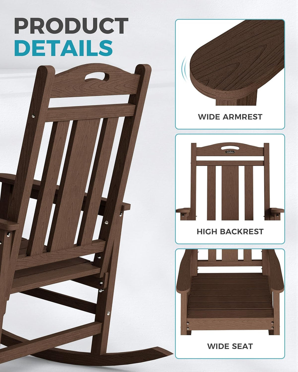 Ciokea Oversized Outdoor Rocking Chair, 380lbs Heavy-Duty Large Patio Rocker, Weather Resistant & Anti-Fade Porch Chair, High Back Cozy Rocking Chair for Outside, Fire Pit, Deck, Garden, Brown