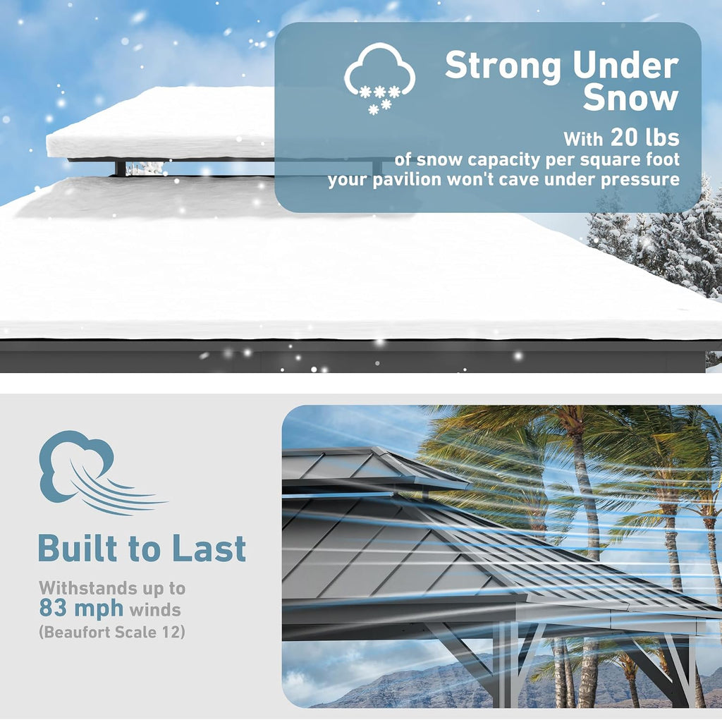 Big Leaf 10' x 12' Hardtop Gazebo with LED Strip Lights – Galvanized Steel Double Roof, USB and USB-C connectors, Mosquito Netting and Curtains – Outdoor Metal Gazebo for Decks and Backyards, Black
