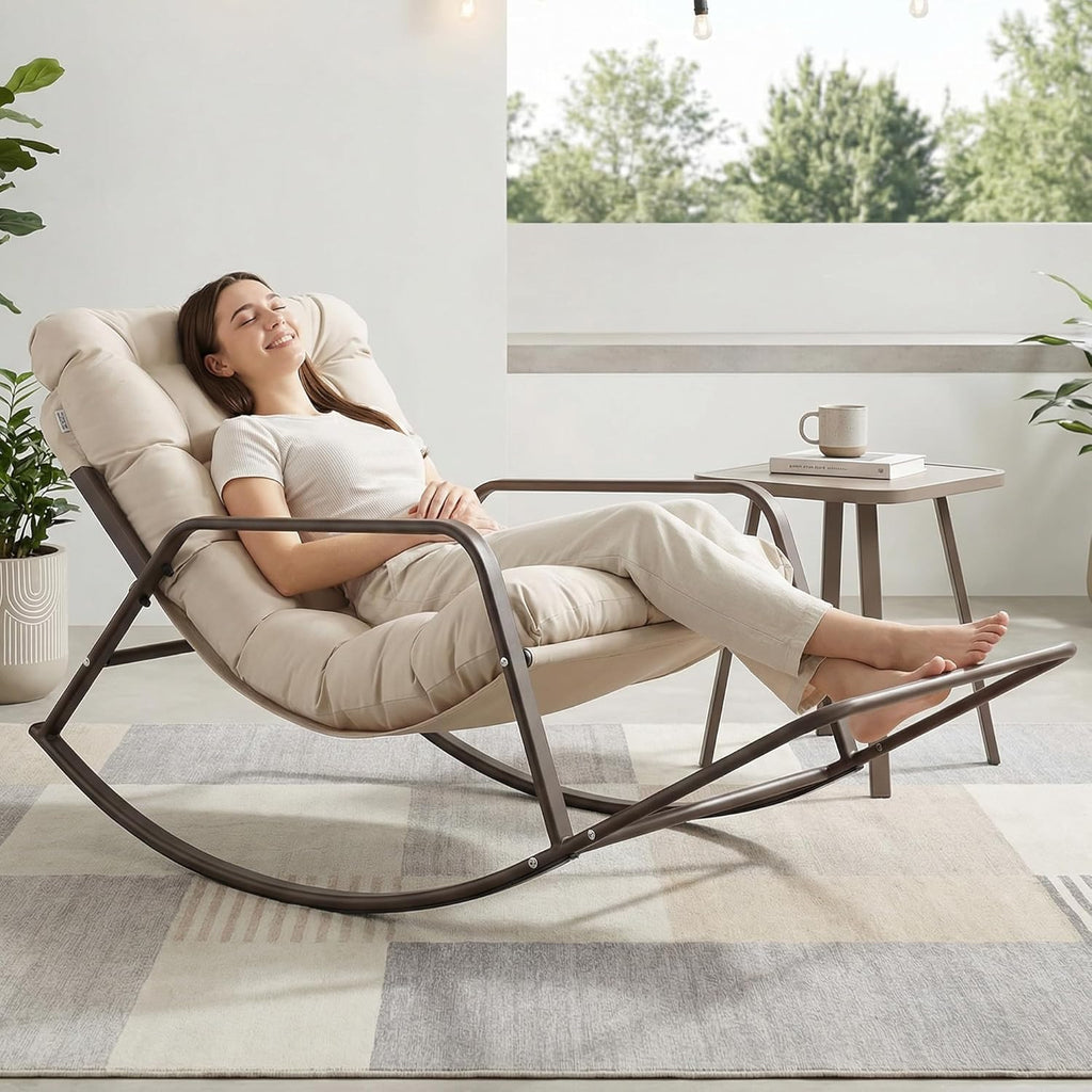 RADIATA Rocking Lounge Chair, Indoor Outdoor Reclining Lounger with Footrest & Cushion, 400lbs Weight Capacity, Comfortable Rocker for Relaxation, Reading and Napping (Beige)