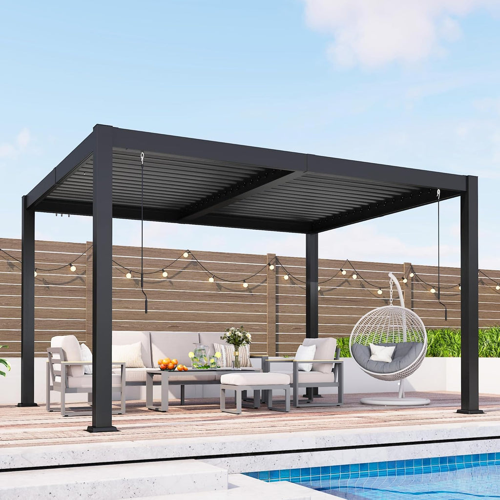 Louvered Pergola 10'x12', Full Metal Outdoor Pergola with Adjustable Proof and Gutter System, Metal Hardtop Gazebo for Patio, Deck, Garden, Yard, Dark Gray