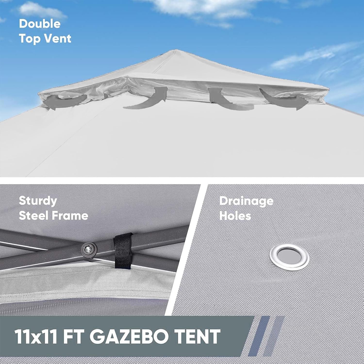 11x11 FT Gazebo Tent, Outdoor Tents for Parties with Mosquito Netting, Folding Heavy Duty Height Adjustable Canopy Tent for Patio Backyard Garden (White)