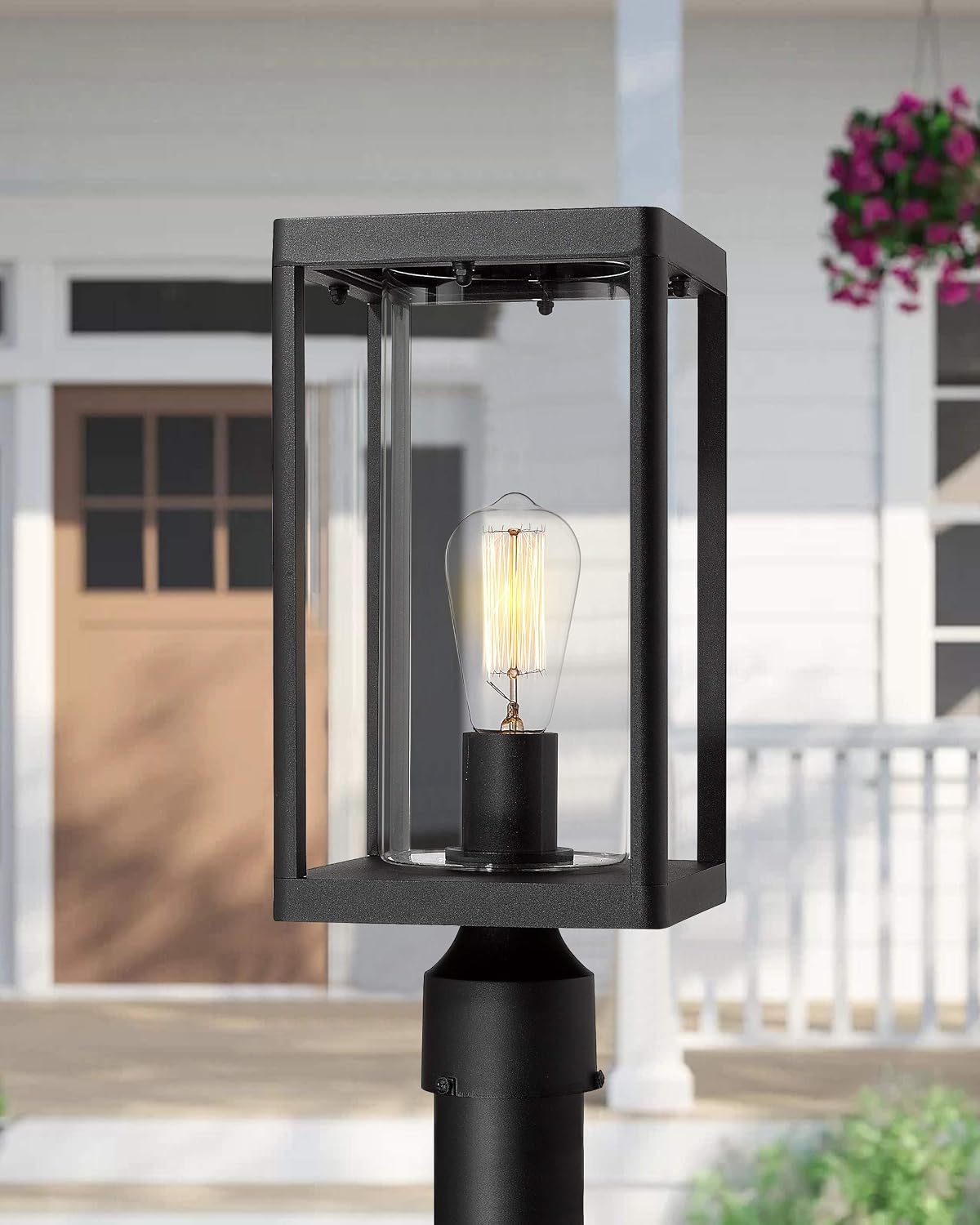 Beionxii Outdoor Post Lantern, 20inch Large Modern Lamp Post Light Fixture Exterior Pillar Lights with Pier Mount Base, Black Cast Aluminum w/Clear Cylinder Glass - A291P-2PK (NOT Solar, 110-120V AC)