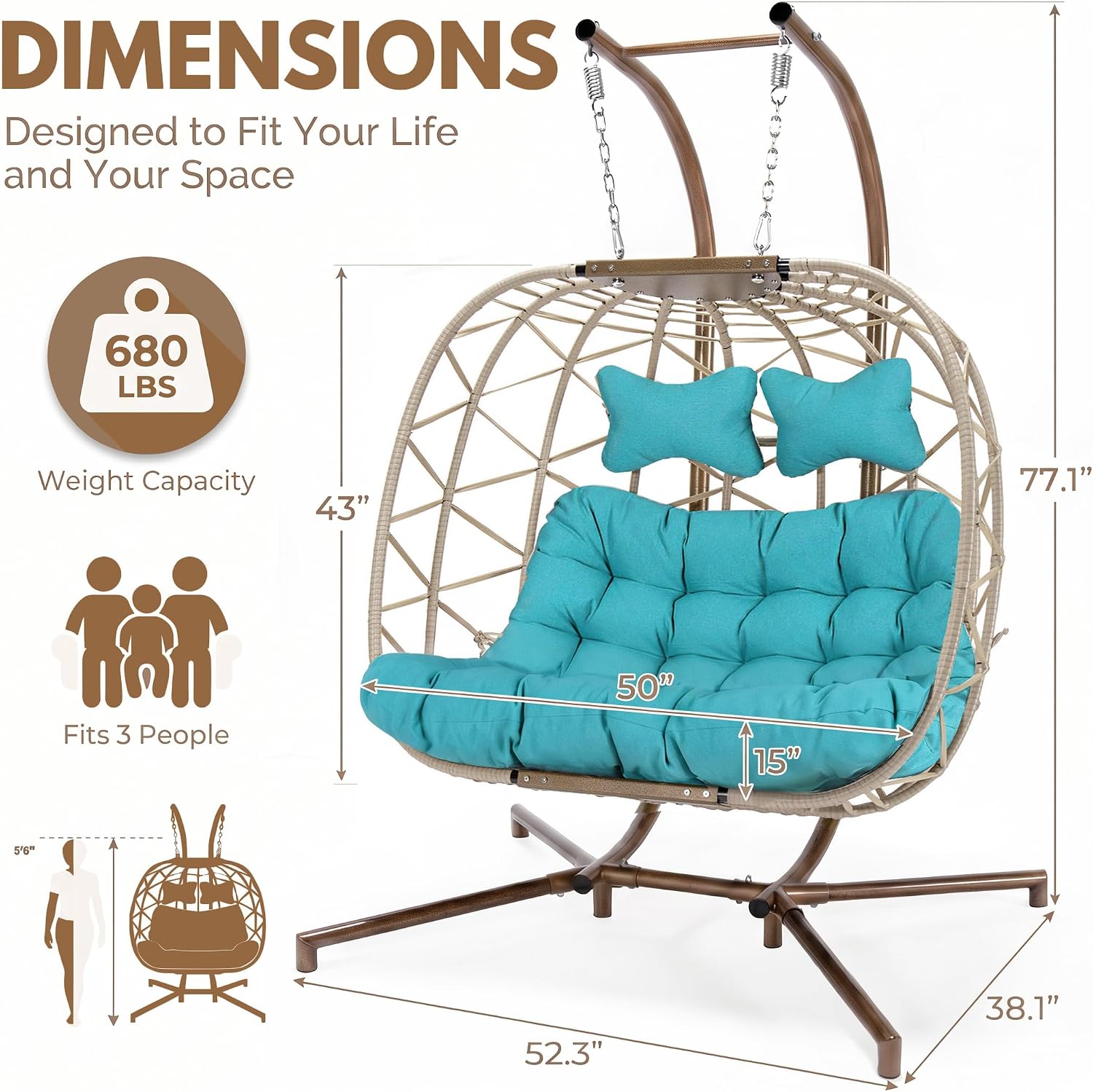 BULEXYARD 2 Person Hanging Egg Chair with Stand, Extra Large Wicker Patio Hammock Loveseat Swing, Oversized Cushioned Double Swing Chair for Indoor Outdoor Garden Balcony Backyard, Light Blue
