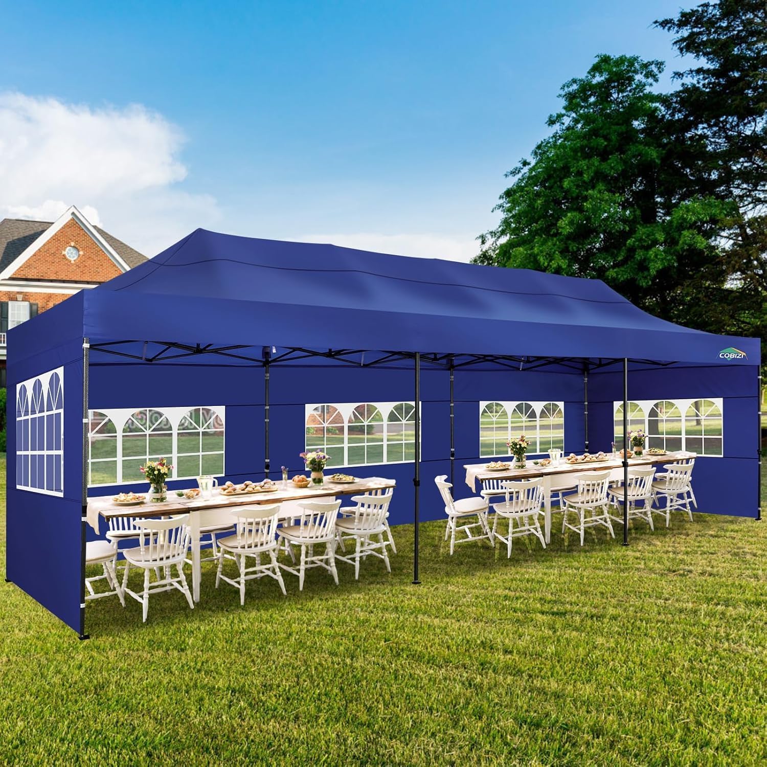 COBIZI 10x30 Pop up Canopy with 8 Removeable Sidewalls, Heavy Duty Party Tents for Parties, Events and Weddings, UPF 50+ Waterproof Commercial Tent with Roller Bag, Dark Blue (Windproof Upgraded)