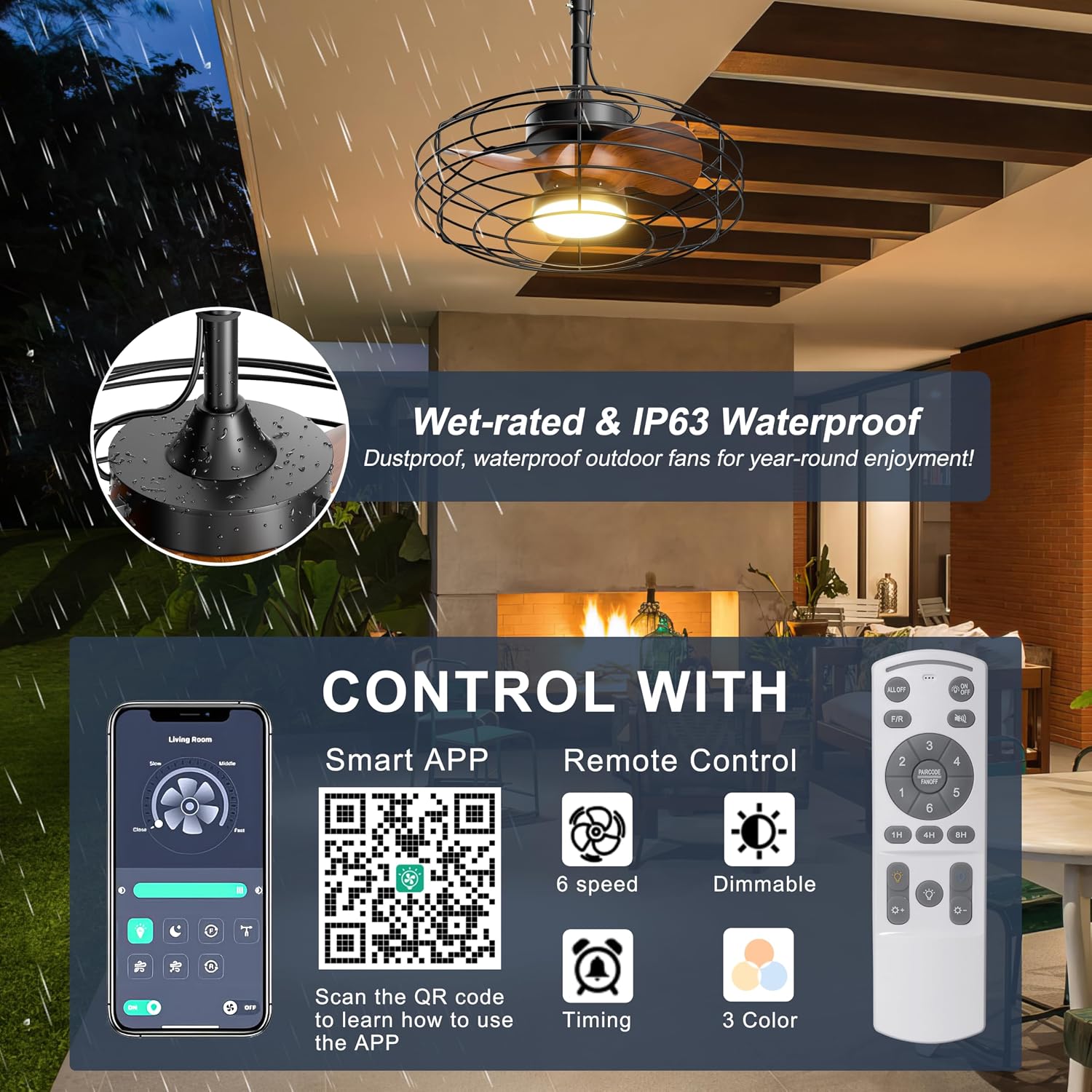 Coolbull Plug and Play Outdoor Ceiling Fans with Lights, 20'' Wet Rated Gazebo Fan Remote/APP Control, Dimmable Hanging Fan for Patio Pergola, Wood Color