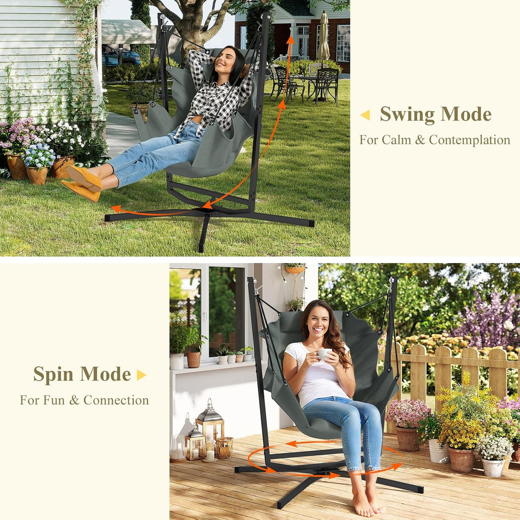 360° Swivel Hammock Swing Chair with Stand - Comfortable Hanging Chair with Cushions (400 lbs Capacity) for Indoor/Outdoor Use - Perfect for Bedroom, Patio, Porch, Deck, Garden, Balcony
