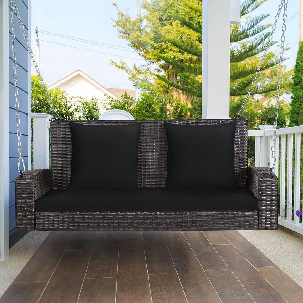Tangkula 2-Person Wicker Porch Swing, Patiojoy Outdoor Rattan Hanging Swing Bench W/ 2 Back Cushions & 1 Seat Cushion, Sturdy Steel Chain, 800lbs Weight Capacity