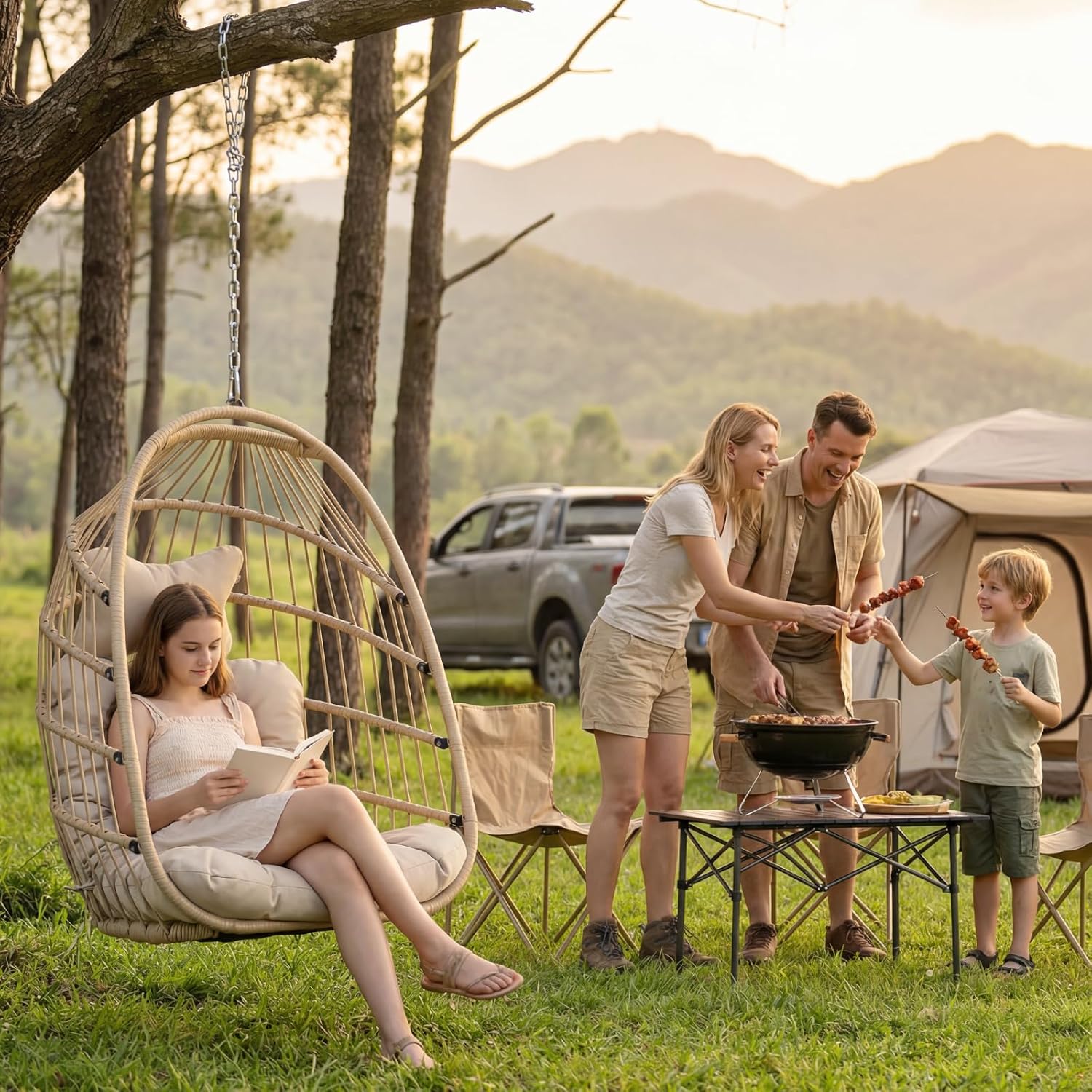 NICESOUL Egg Chair Without Stand Indoor Outdoor, Comfy Patio Wicker Hanging Chair with Cushion, 350lbs Swing Hammock Egg Basket Chairs, All Weather Ceiling/Tree Chairs for Balcony, Beige No Stand