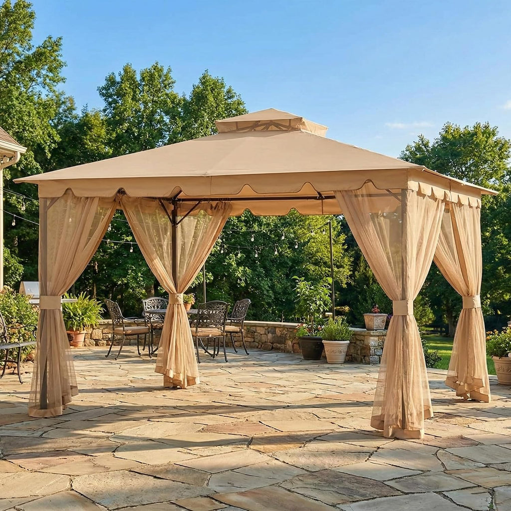 Garden Winds Reinforced RipLock 350 Replacement Canopy Top and Netting Set Compatible with Hampton II 10' x 12' Gazebo Model L-GZ215PST-5B – Beige