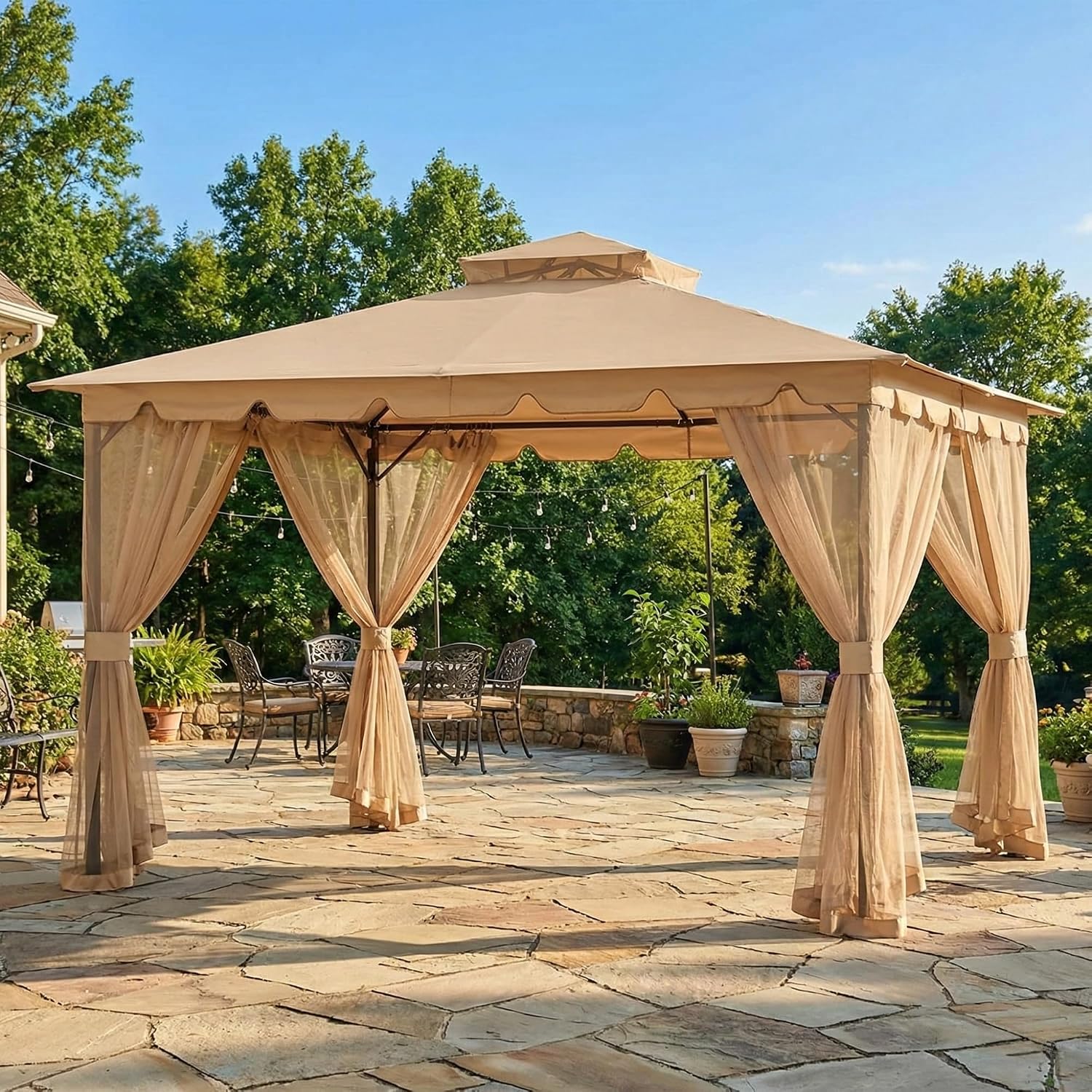 Garden Winds Reinforced RipLock 350 Replacement Canopy Top and Netting Set Compatible with Hampton II 10' x 12' Gazebo Model L-GZ215PST-5B – Beige