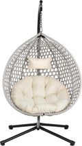 Hanging Egg Chair with Stand, Indoor Outdoor Hammock Swing Chair, 330 lbs Capacity, HDPE Rattan, Iron Frame, Removable Cushion, Foldable Design (Gray+Beige)