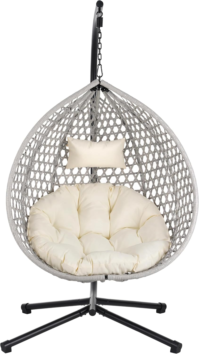 Hanging Egg Chair with Stand, Indoor Outdoor Hammock Swing Chair, 330 lbs Capacity, HDPE Rattan, Iron Frame, Removable Cushion, Foldable Design (Gray+Beige)