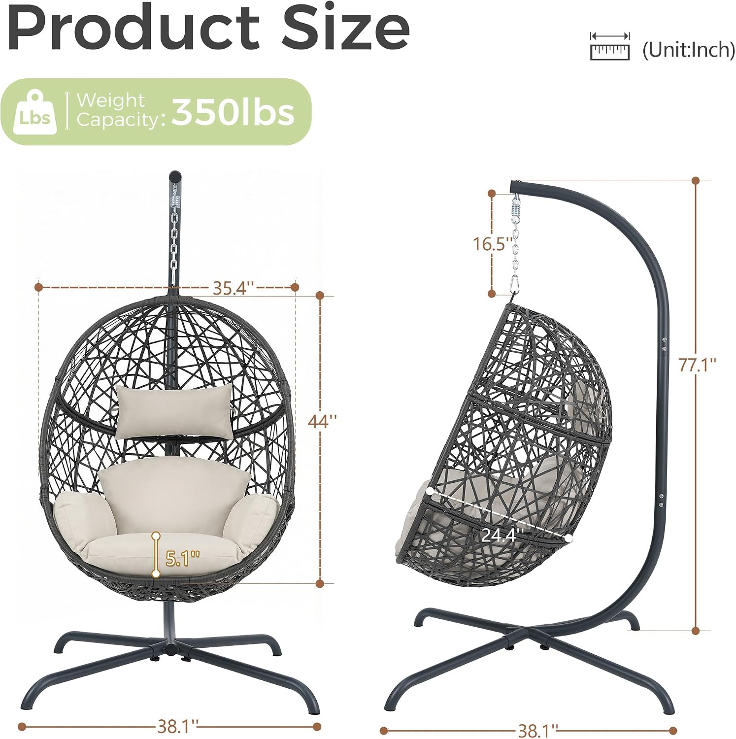 RADIATA Oversized Hanging Egg Chair with Stand, Large Indoor Outdoor Swing Chair with Cushion, 350lbs Wicker Bird Nest Eggshell Basket Chairs, Patio Swinging Hammock Chair for Bedroom Garden, Beige