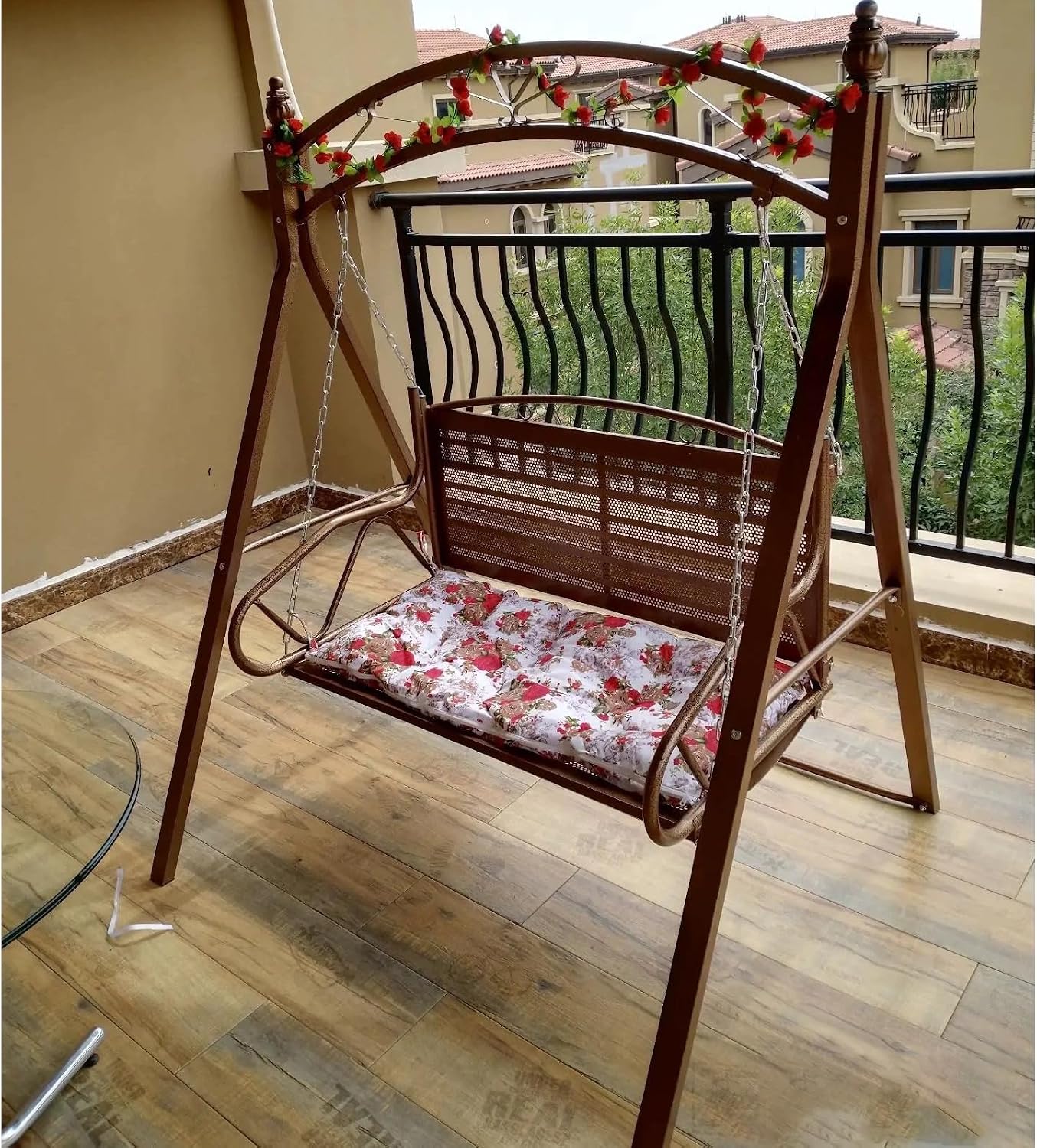 Upgraded Metal Patio Porch Swing with A-Frame Stand Heavy Duty Metal Hanging Porch Swing Chair Patio Hanging Bench Swing with Adjustable Chains for Garden, Balcony, Living Room (Brown)