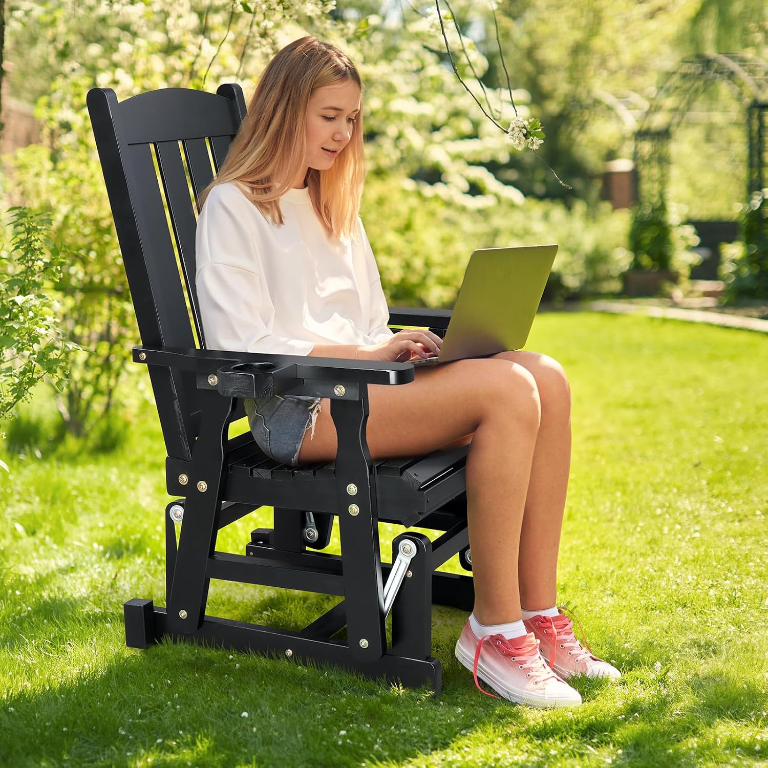 VINGLI Outdoor Glider Chair Wood Patio Glider with Cup Holder, Porch Glider with Smooth Rocking Mechanism, Heavy Duty 600 LBS, Black