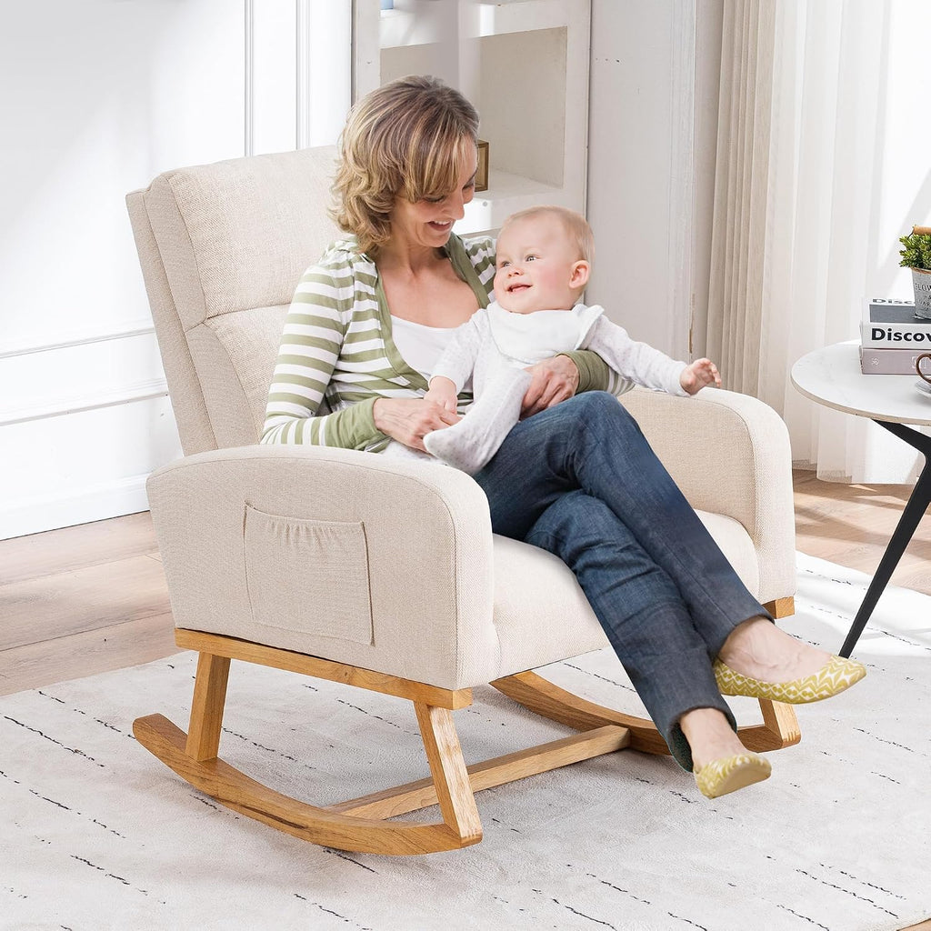HCHAIRH Rocking Chair Nursery, Nursing Rocker Chairs with High Backrest, Modern Glider Rocking Chair for Mom Nursery, Living Room, Bedroom, Beige