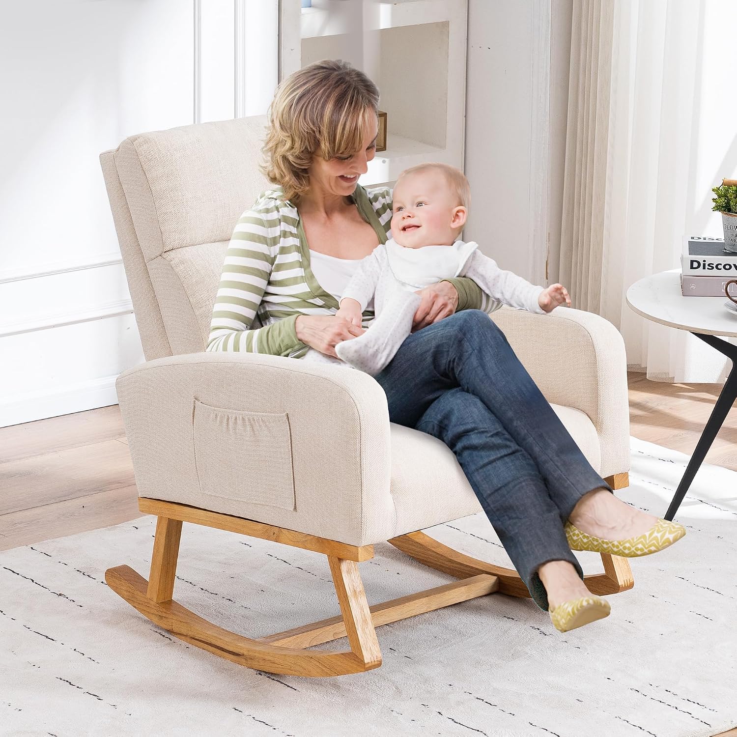 HCHAIRH Rocking Chair Nursery, Nursing Rocker Chairs with High Backrest, Modern Glider Rocking Chair for Mom Nursery, Living Room, Bedroom, Beige
