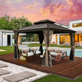 10' x 12' Outdoor Hardtop Gazebo with Gutters, Double Roof Galvanized Metal Gazebo for Backyard, Patio, Deck, Hot Tub, Heavy Duty Canopy Permanent Pavilion with Curtains and Netting, Brown