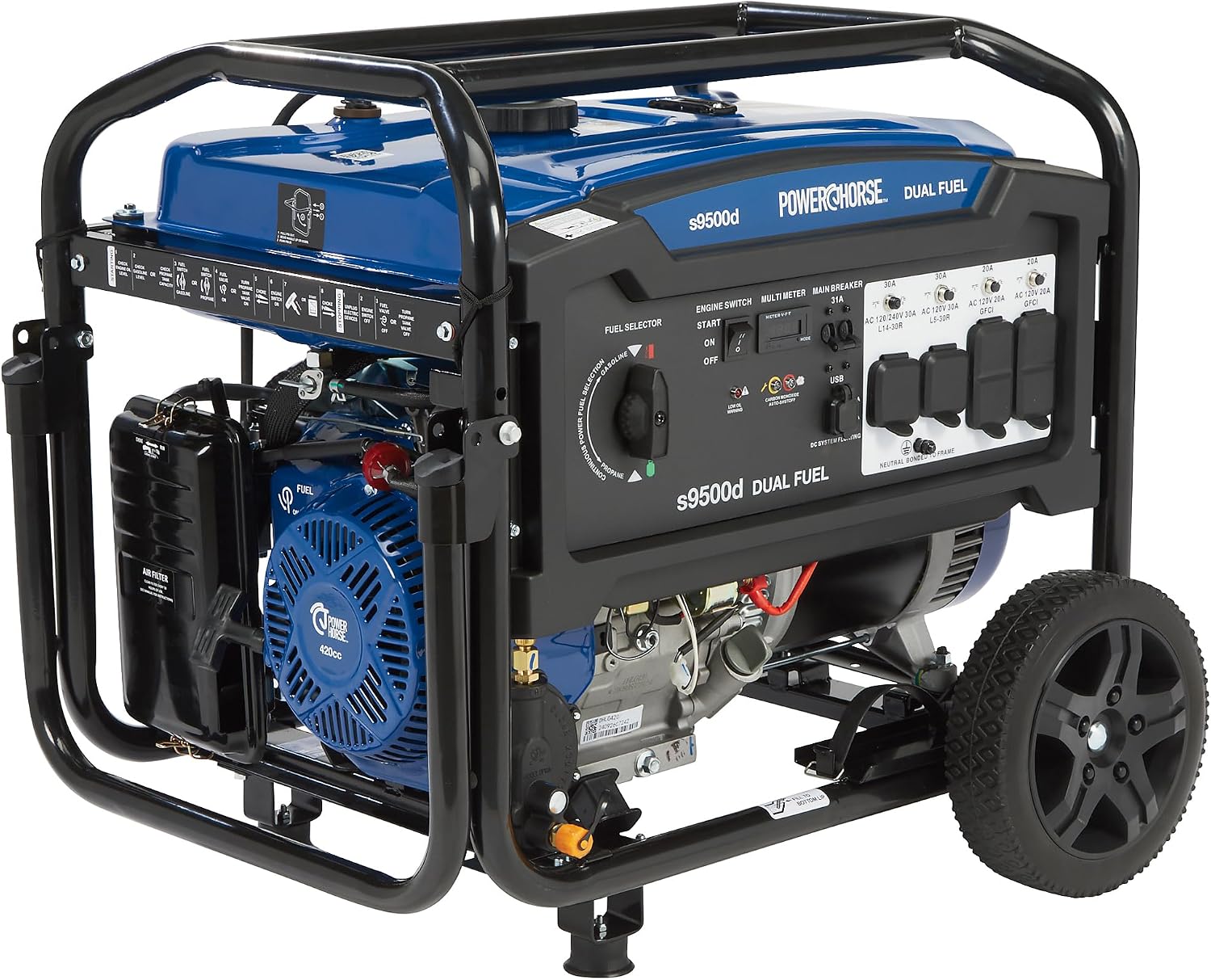 Powerhorse Portable Generator, 9500 Surge Watts, 7500 Rated Watts, 120/240V, Dual Fuel, Electric Start, CO Shutdown