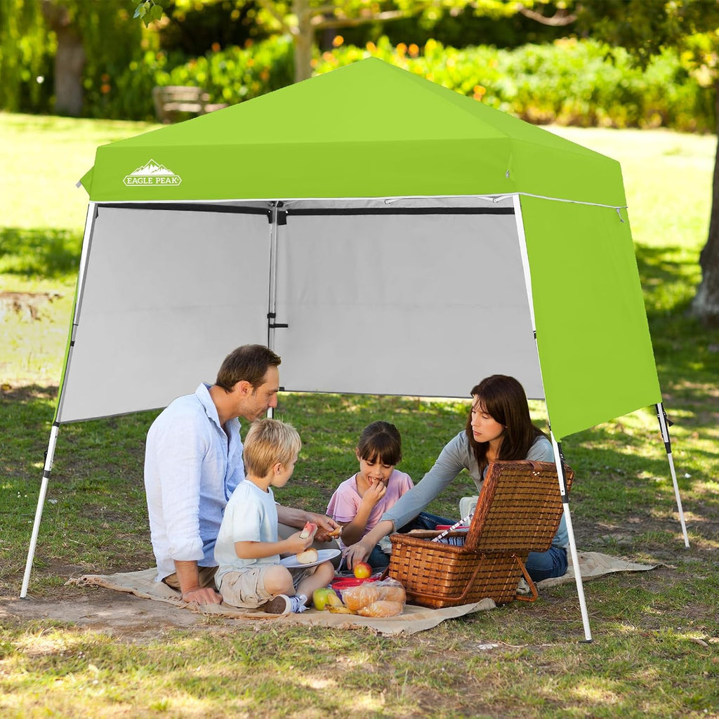EAGLE PEAK Day Tripper 8x8 Aluminum Super-Lightweight Slant Leg Pop Up Canopy with 3 Removable Walls, Instant Outdoor Backpack Canopy Tent, Outside Beach Folding Sun Shelter, 8x8 Base 6x6 Top, Green