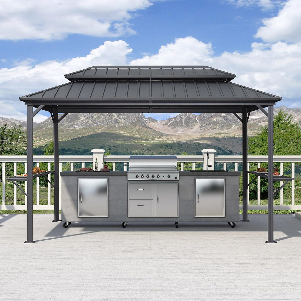 PURPLE LEAF 6.5' X 12' Hardtop Grill Gazebo for Patio Permanent Aluminum Barbeque Shelter with Ceiling Hook and Shelves Double Tiered Grey Outdoor BBQ Gazebo