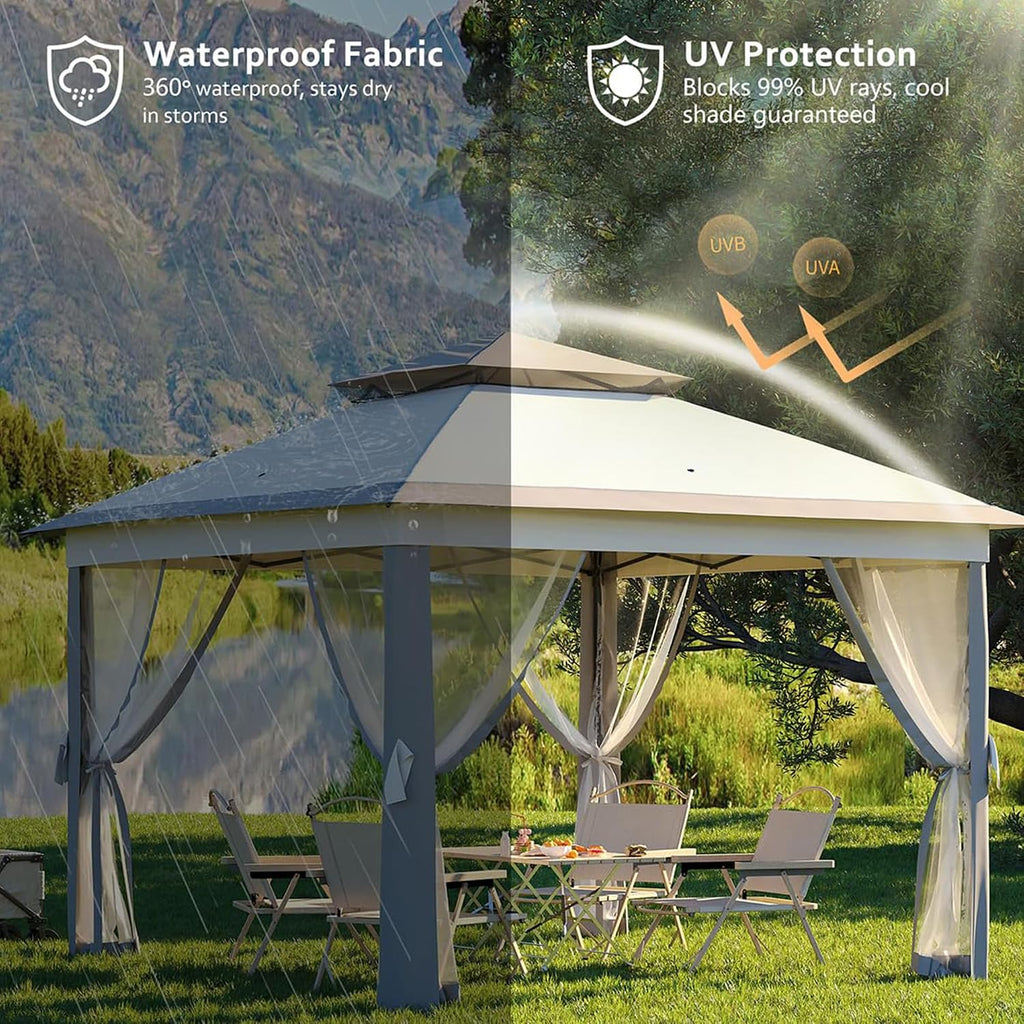11x11ft Gazebo Tent with Mosquito Netting, Pop Up Gazebo, Mesh Screen with 4 Ropes, 8 Stakes, 4 Sandbags and Storage Bag, Outdoor Canopy for Backyard & Patio Furniture