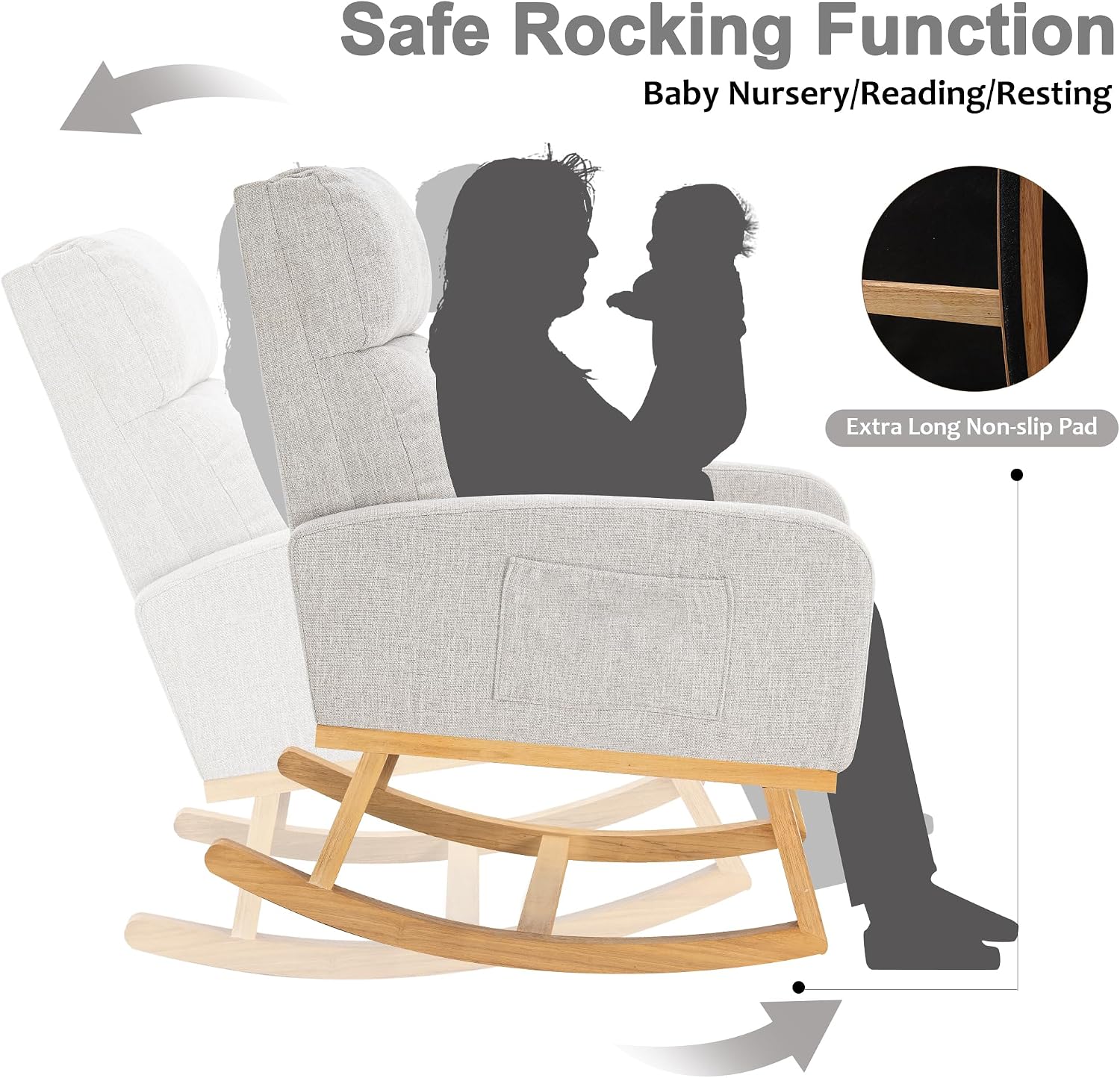 Rocking Glider Chair Nursery, Nursing Rocker Armchair with Rubber Wood Legs and Side Pocket for Living Room, Bedroom, Grey