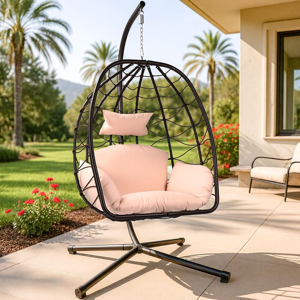 Egg Chair with Stand Outdoor Ratten Wicker Hanging Egg Chair Outdoor Indoor with Thickened Cushion Swing Chair Hammock for Patio Apartment Bedroom Garden Balcony (Brown Wicker+Khaki Cushion)