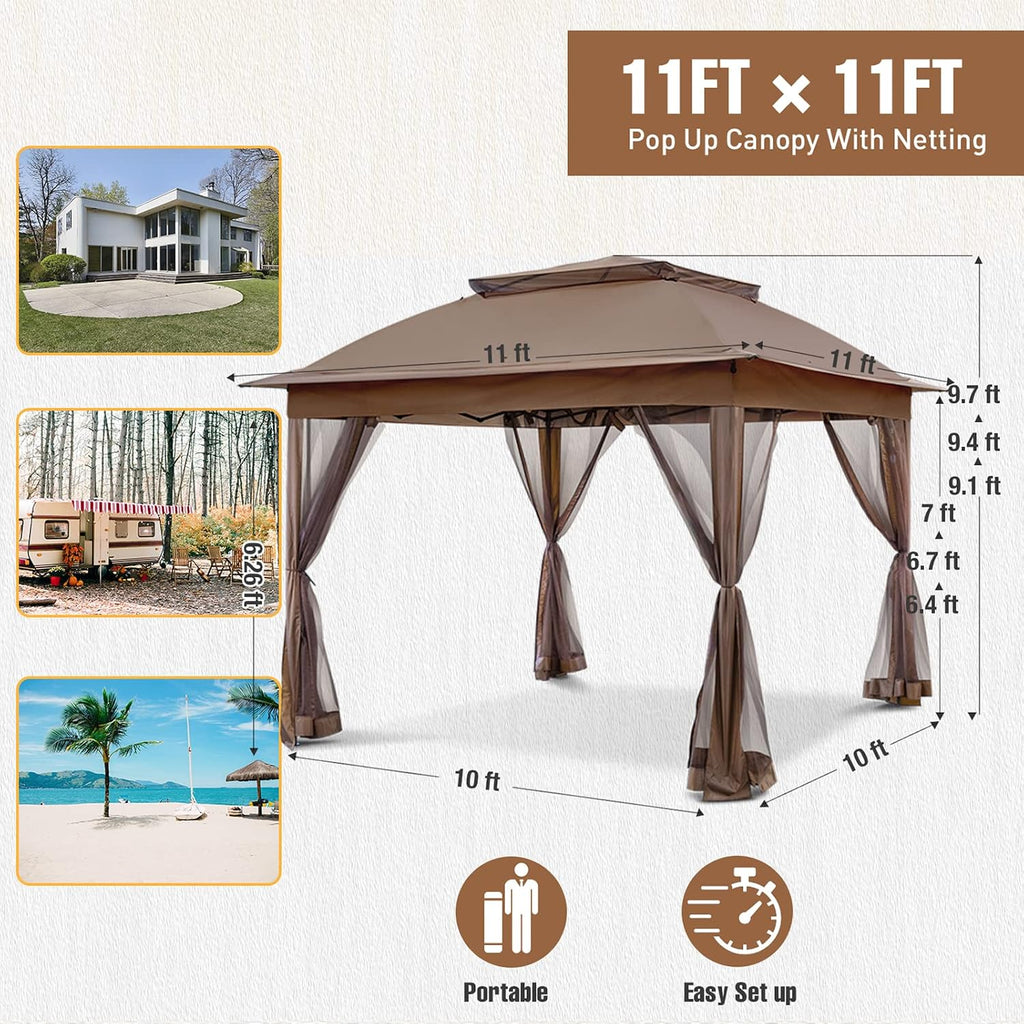 11x11 Pop Up Gazebo Tent with Mesh Netting, Instant Outdoor Canopy with UPF 50+ UV Protection, Water Resistant, Brown