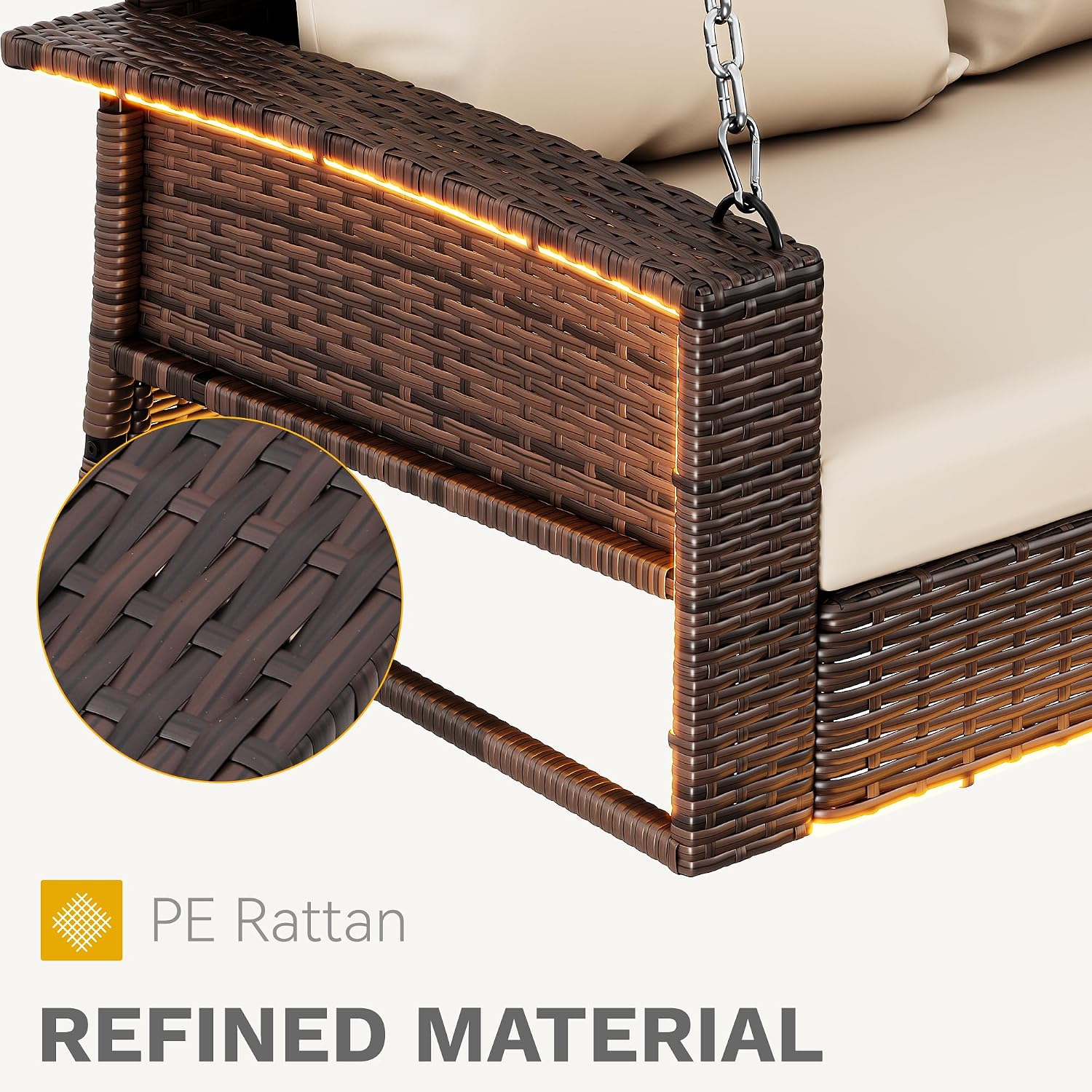 DWVO LED 3-Seat Patio Porch Swing, Outdoor Wicker Hanging Porch Swing Chair Bench Rattan Chair with LED Lights & Soft Cushions for Outside, Garden, Backyard, Lawn, Light Brown & Beige