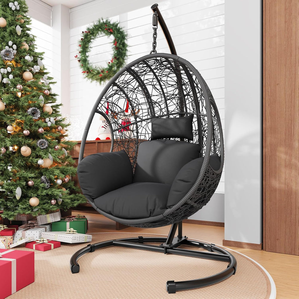 Hanging Egg Chair with Stand - Egg Swing Chair Outdoor Indoor Patio Wicker Chair Swing Hammock Egg Chairs 400lbs Capacity for Outside Patio, Bedroom, Garden and Balcony (Grey-Nest, 1PC)