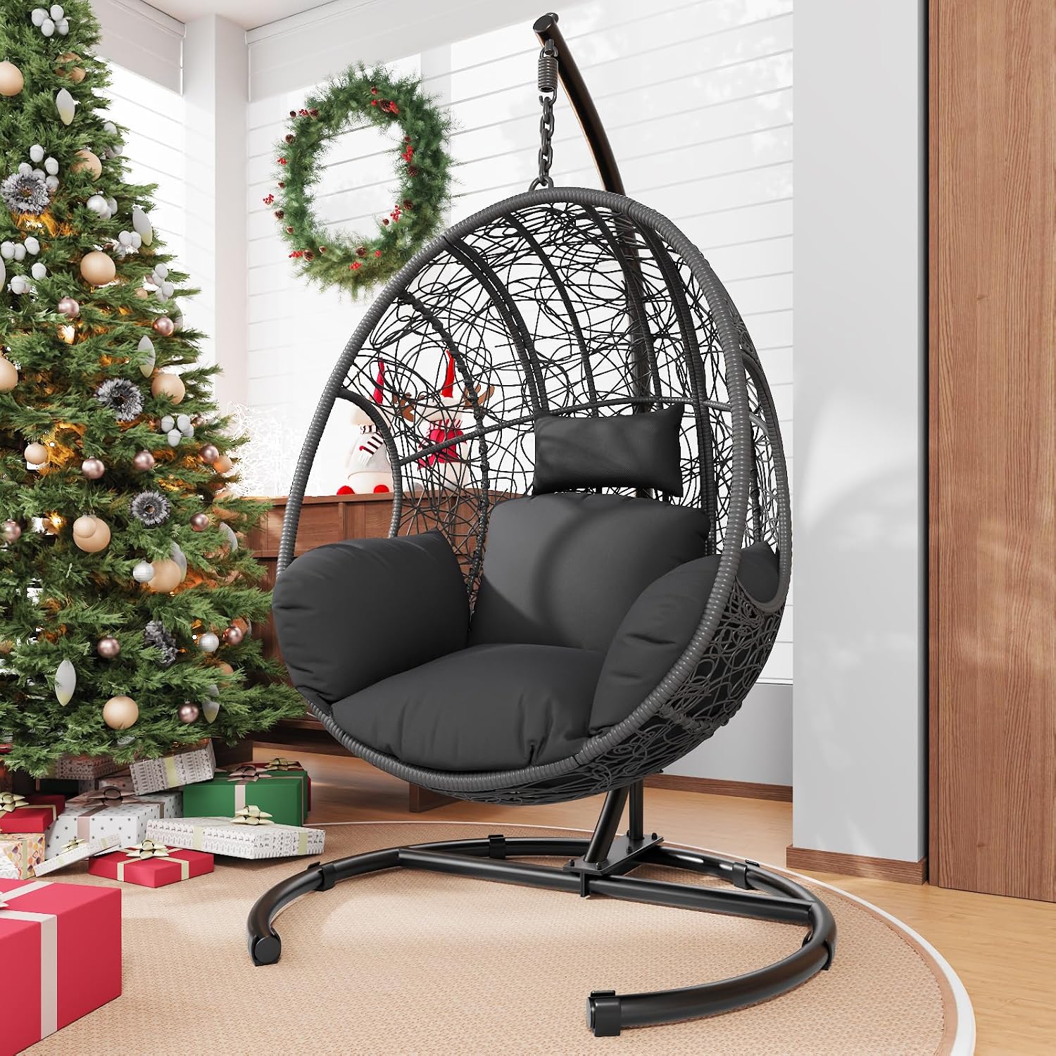 Hanging Egg Chair with Stand - Egg Swing Chair Outdoor Indoor Patio Wicker Chair Swing Hammock Egg Chairs 400lbs Capacity for Outside Patio, Bedroom, Garden and Balcony (Grey-Nest, 1PC)