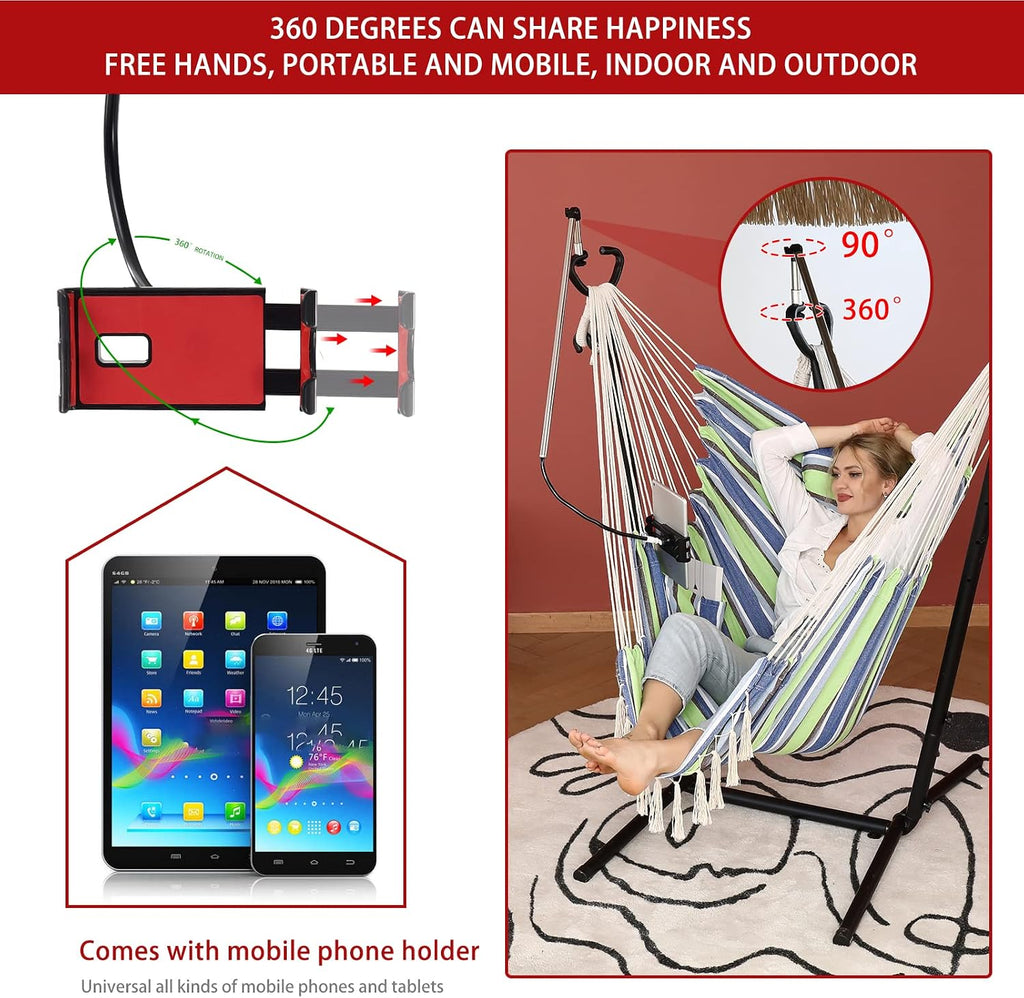 ZEYU Hammock Chair with Stand Double Hammock Chair Bohemian Style with Tassel Mobile Phone Support Manual Adjustable Swing Indoor and Outdoor Garden Porch with Floor mat Reclining Capacity 400 pounds