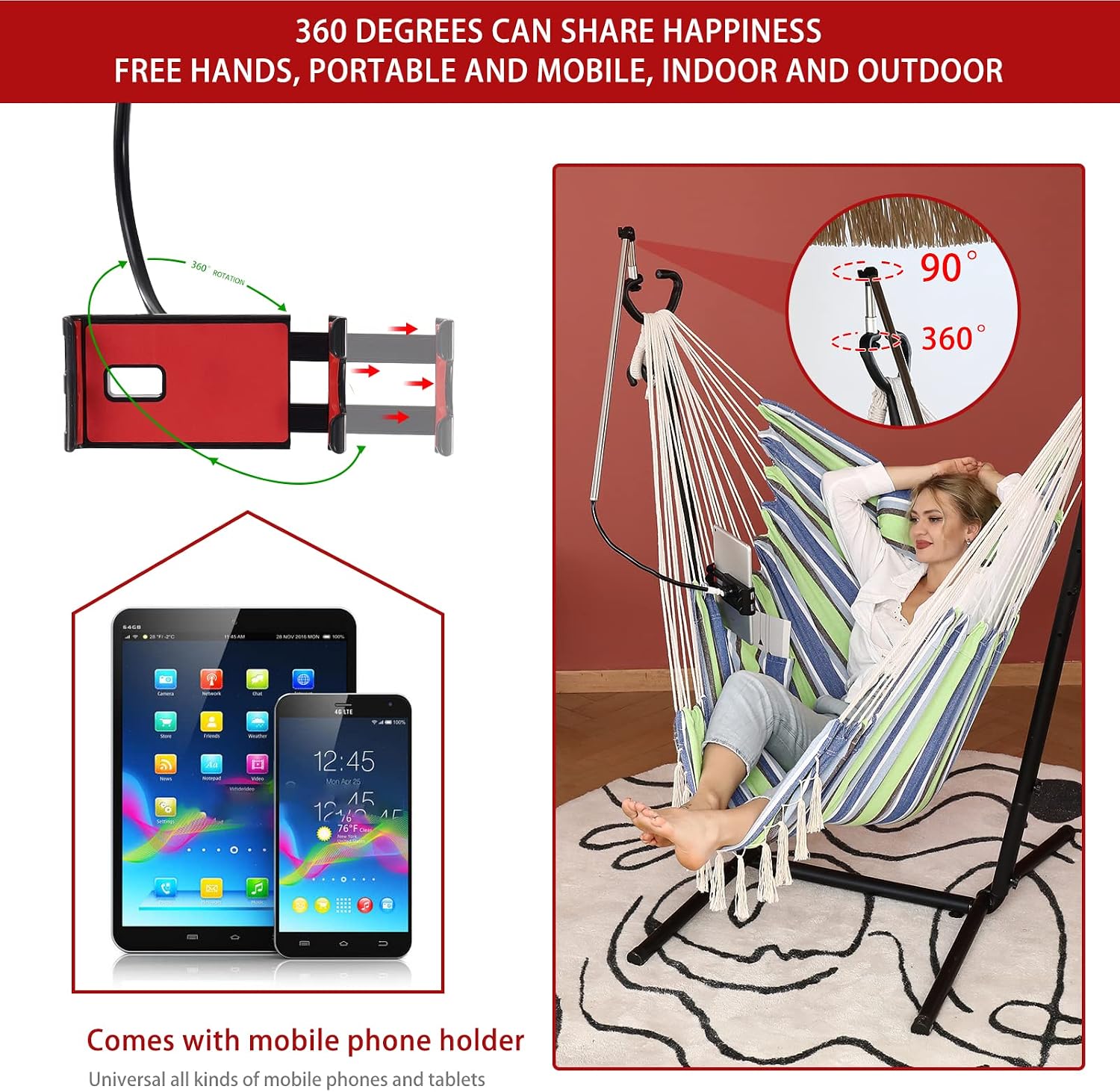 ZEYU Hammock Chair with Stand Double Hammock Chair Bohemian Style with Tassel Mobile Phone Support Manual Adjustable Swing Indoor and Outdoor Garden Porch with Floor mat Reclining Capacity 400 pounds