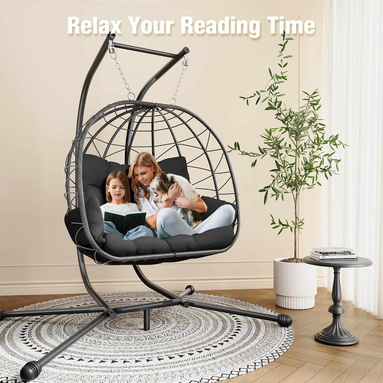 Pamapic Double Egg Chair wth Stand, 700 LBS Loveseat Rattan Swing Chair, UV Resistant Cushions with Armrests and Headrest, Thick Steel Frame Hammock Swing for Outdoor, Patio, Indoor(Grey)