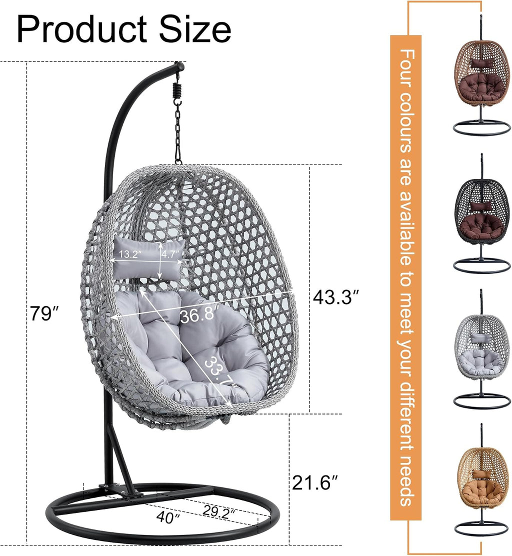 Egg Swing Chair Outdoor with Stand, Swinging Chair Outdoor,Hanging Egg Chairs with Cushion and Pillow, Foldable Basket and Metal Stand for Porch, Patio, Bedroom, Balcony (Grey)